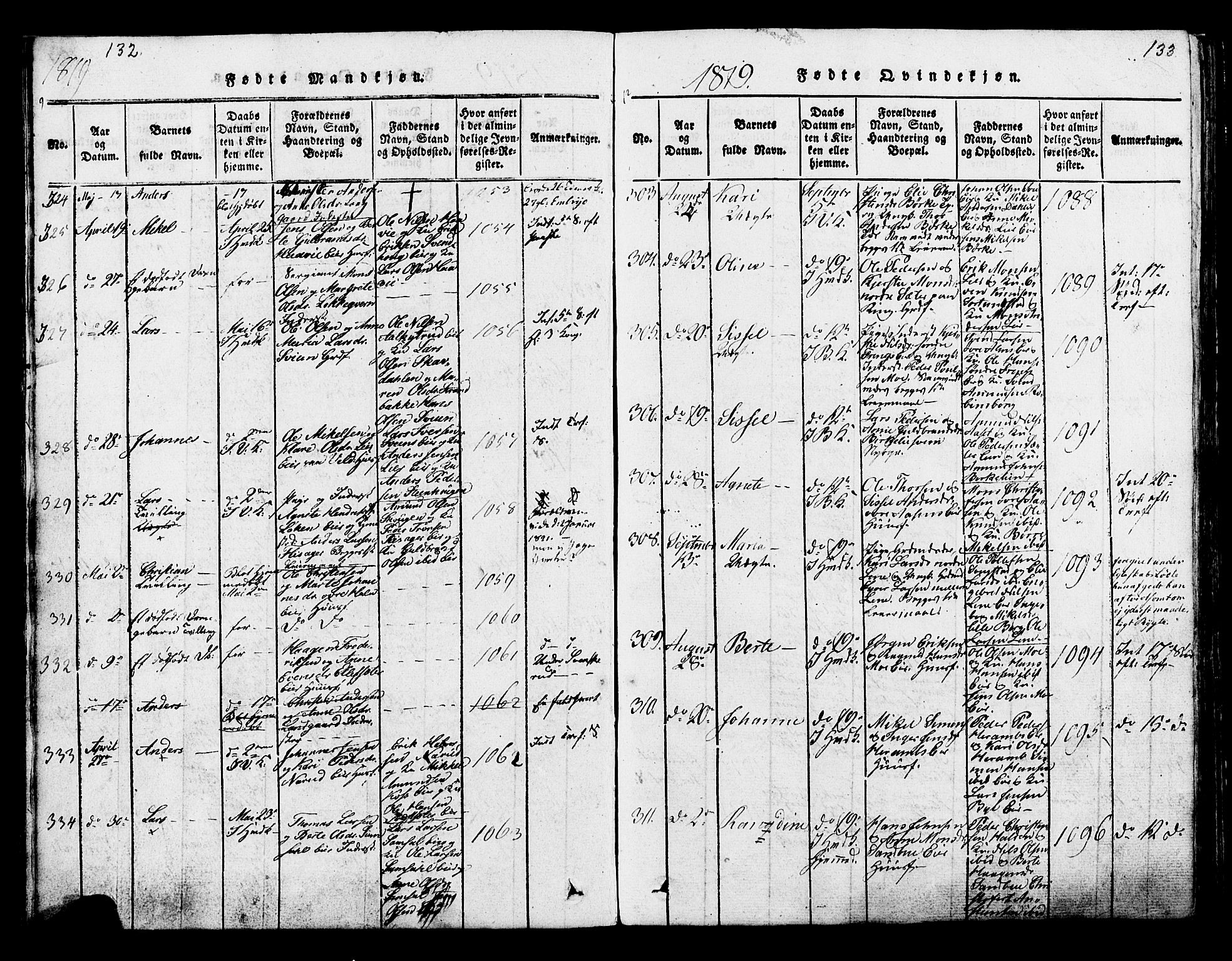 Ringsaker prestekontor, AV/SAH-PREST-014/K/Ka/L0005: Ministerialbok nr. 5, 1814-1826, s. 132-133