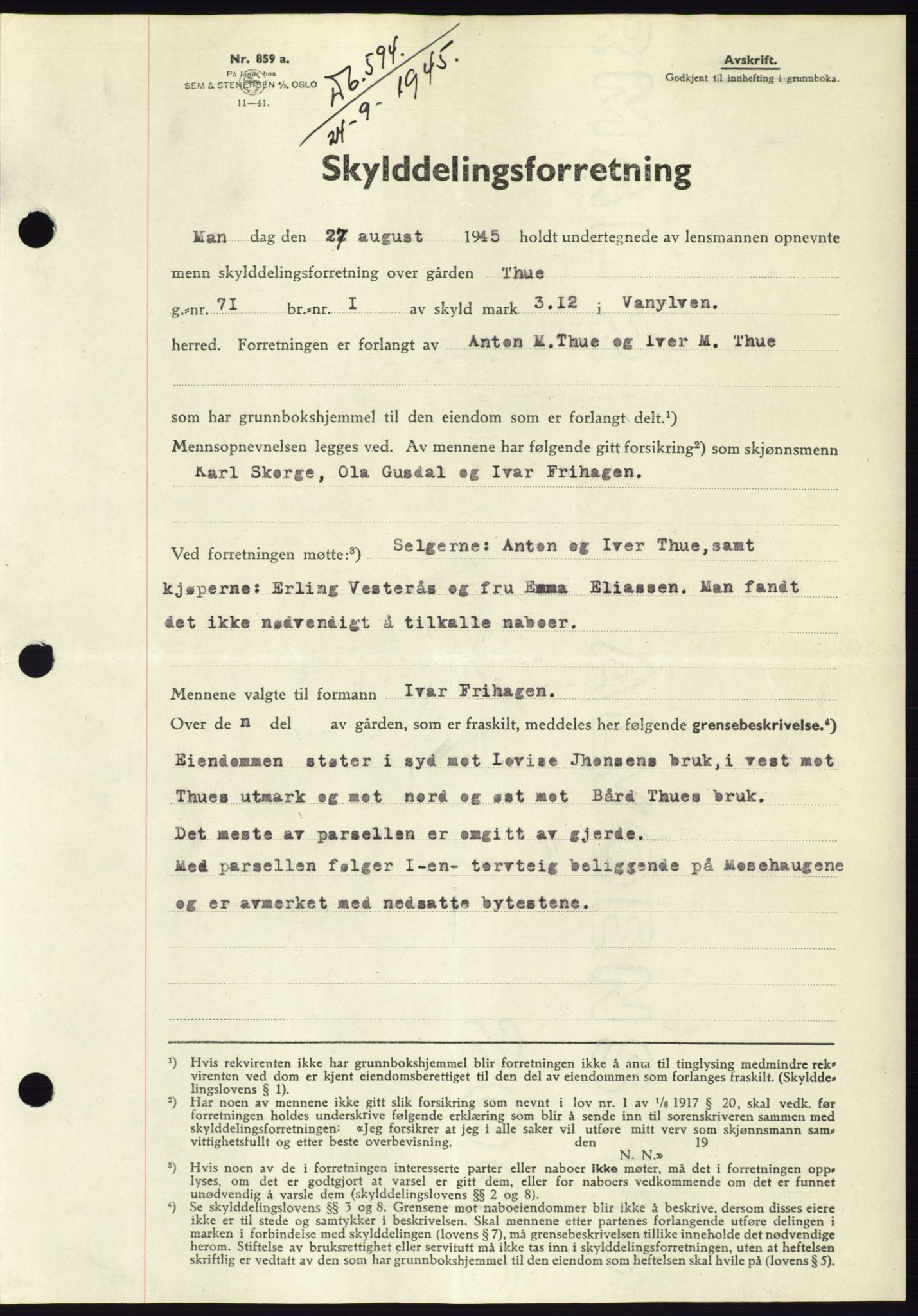 Søre Sunnmøre sorenskriveri, SAT/A-4122/1/2/2C/L0077: Pantebok nr. 3A, 1945-1946, Dagboknr: 594/1945