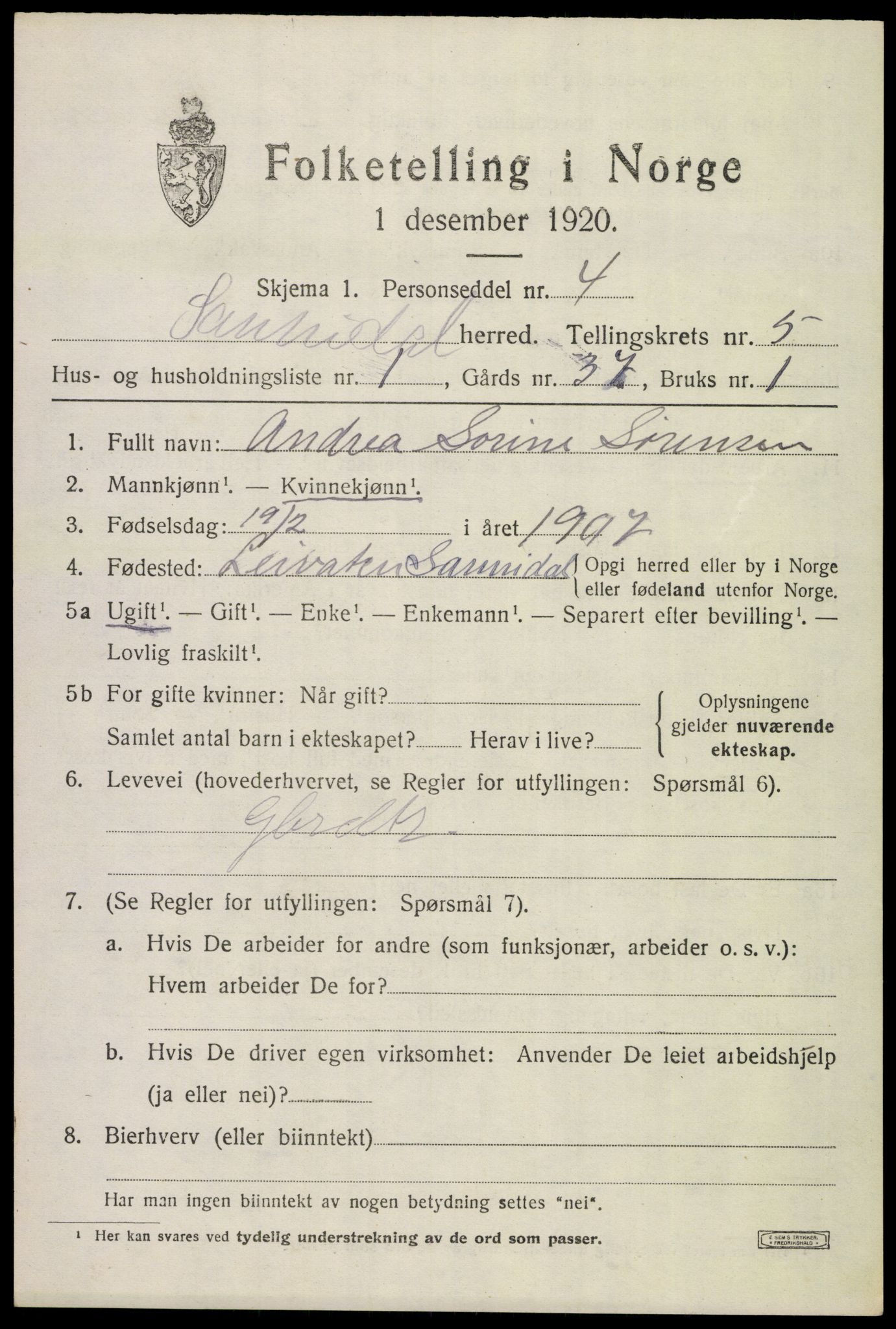 SAKO, Folketelling 1920 for 0816 Sannidal herred, 1920, s. 4071