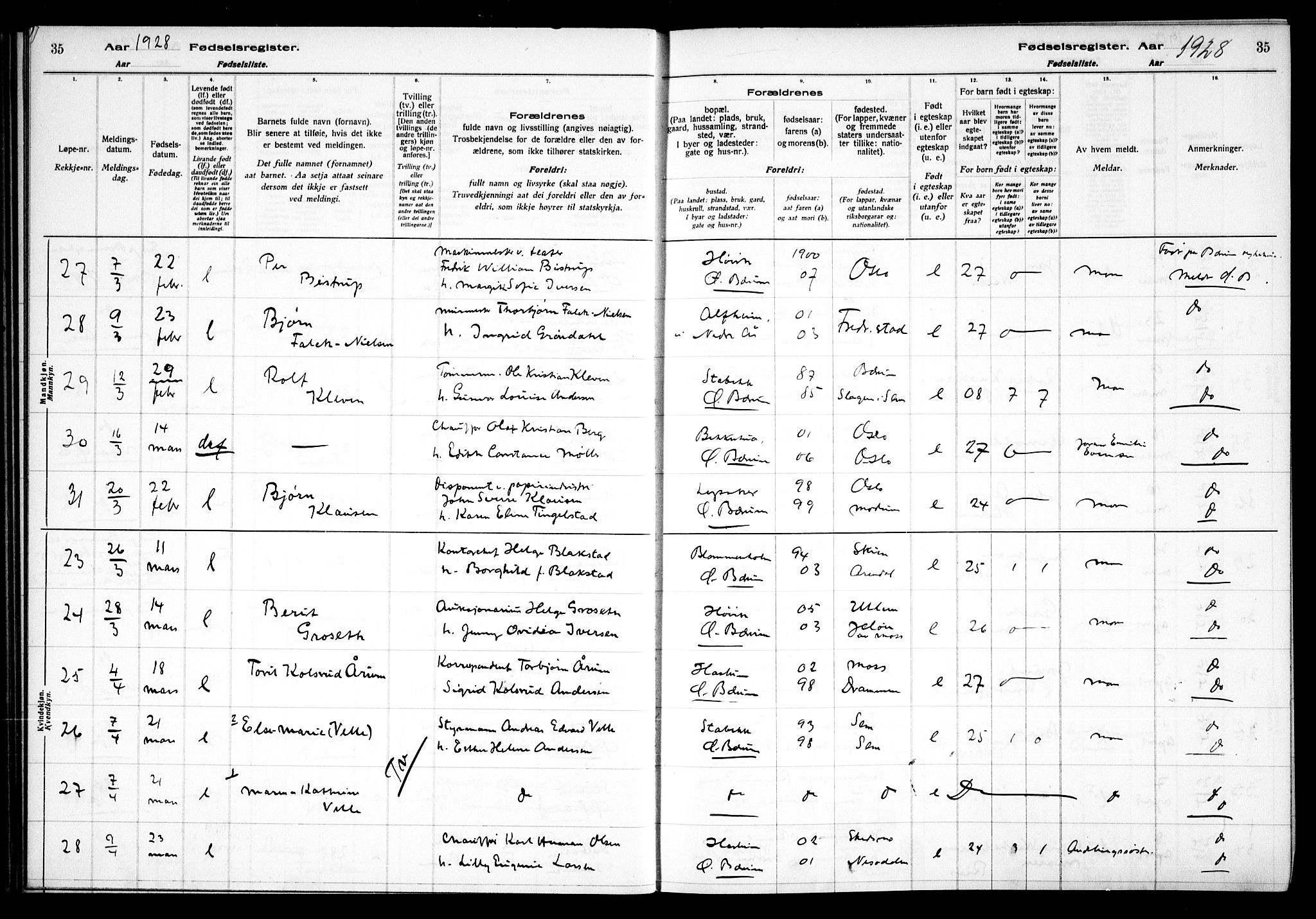 Vestre Bærum prestekontor Kirkebøker, AV/SAO-A-10209a/J/L0002: Fødselsregister nr. 2, 1927-1933, s. 35