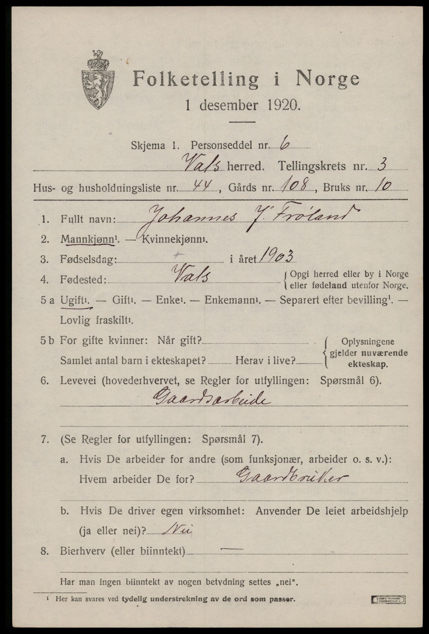 SAST, Folketelling 1920 for 1155 Vats herred, 1920, s. 1441