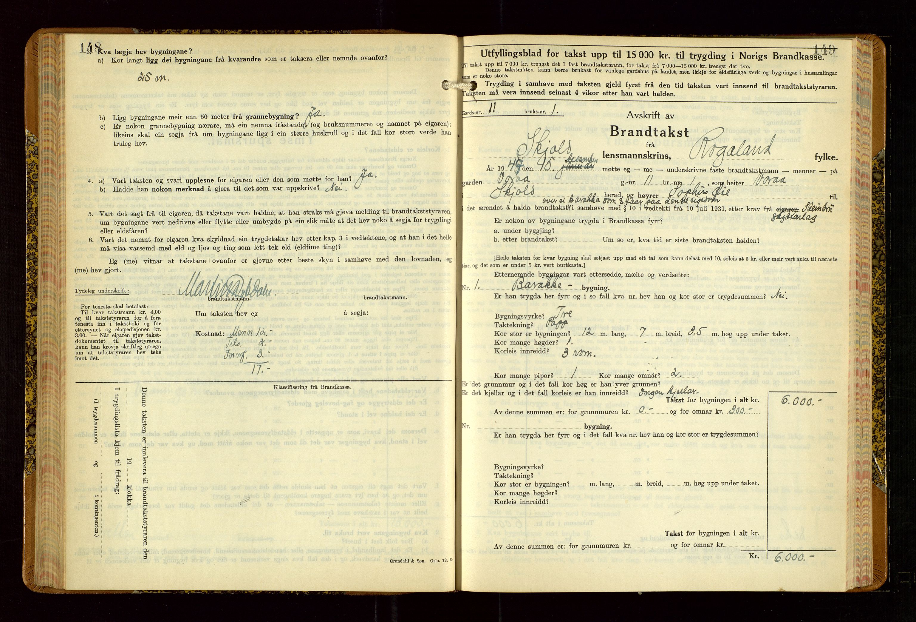 Skjold lensmannskontor, SAST/A-100182/Gob/L0002: "Branntakstbok for Skjold lensmannskrins Rogaland fylke", 1939-1952, s. 148-149