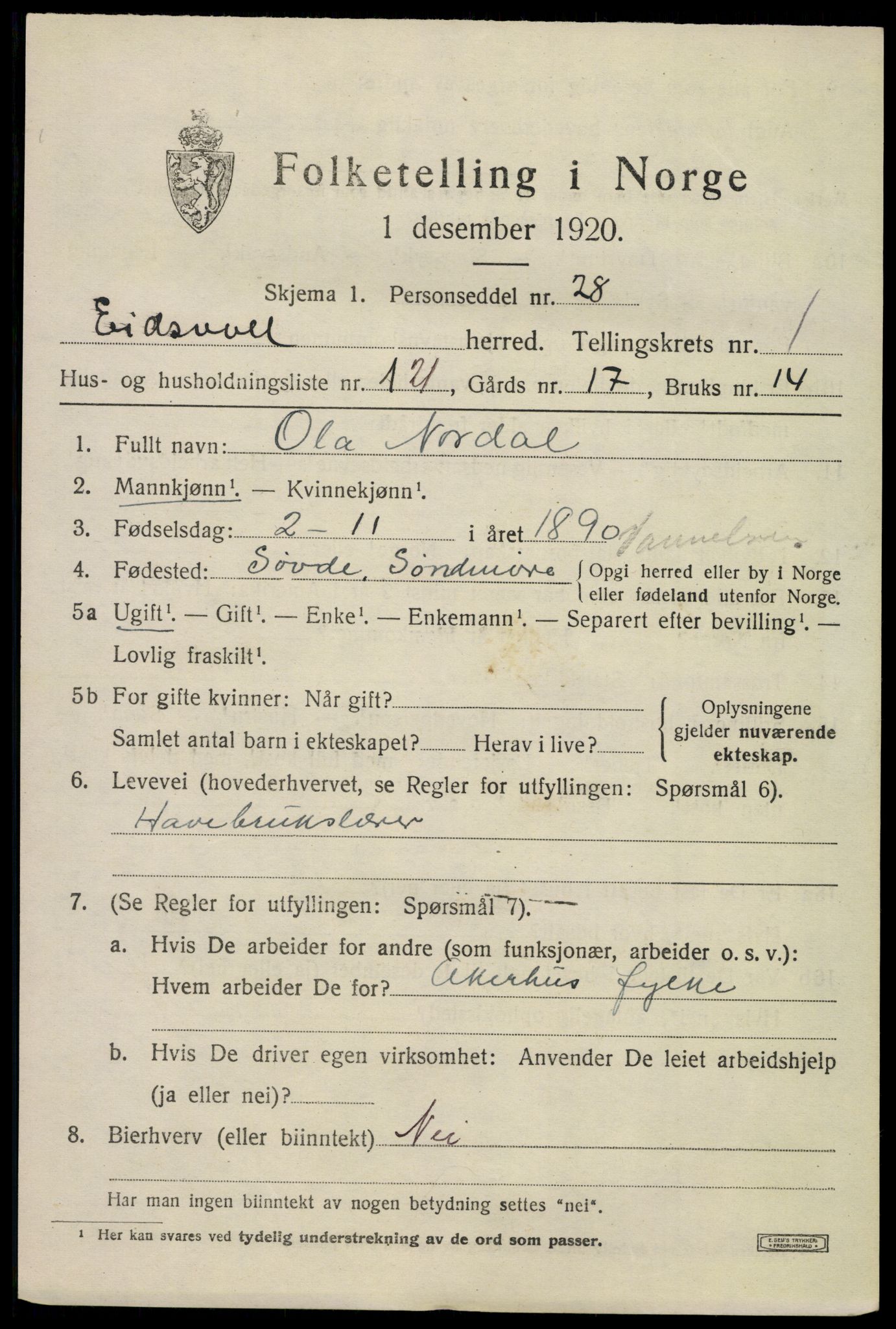 SAO, Folketelling 1920 for 0237 Eidsvoll herred, 1920, s. 5135