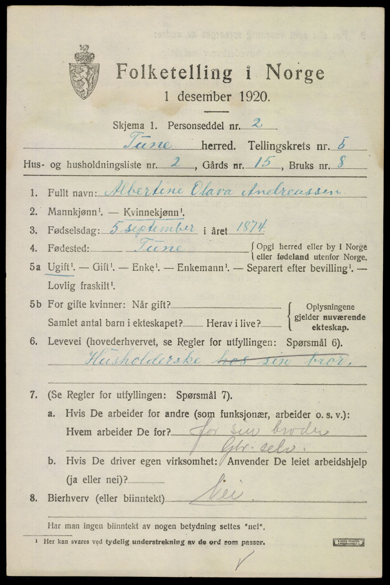 SAO, Folketelling 1920 for 0130 Tune herred, 1920, s. 5450