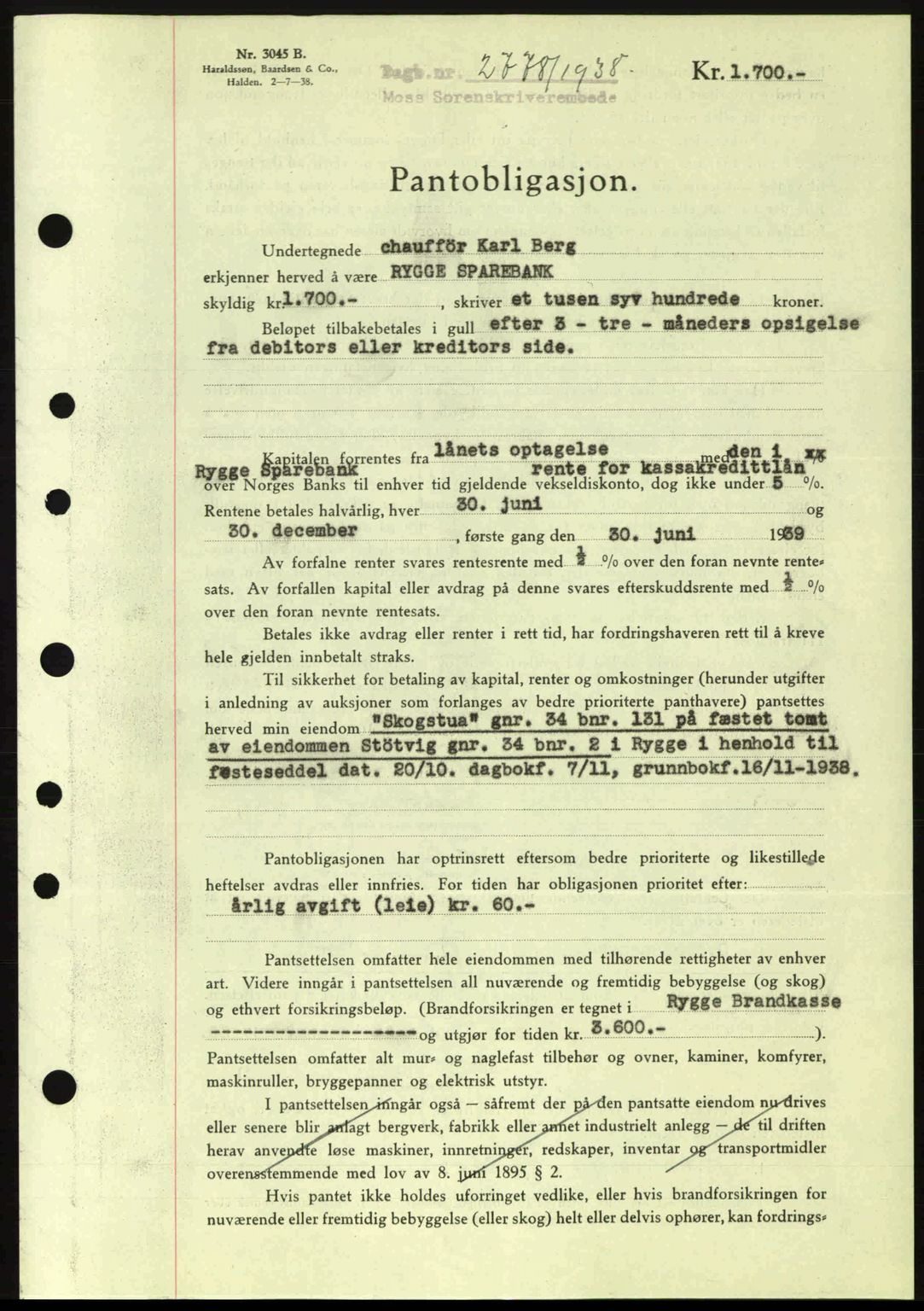 Moss sorenskriveri, SAO/A-10168: Pantebok nr. B6, 1938-1938, Dagboknr: 2778/1938