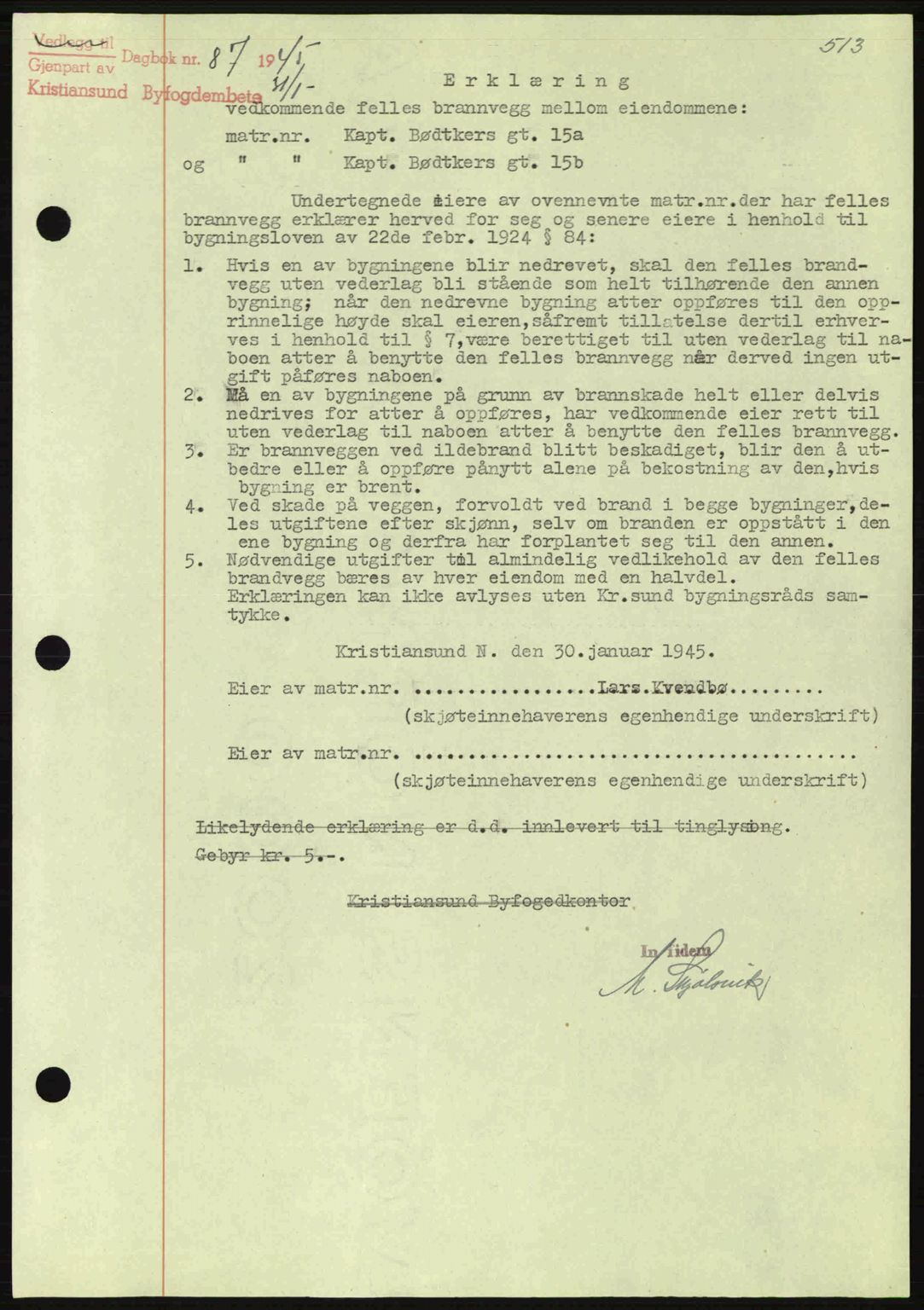 Kristiansund byfogd, AV/SAT-A-4587/A/27: Pantebok nr. 37-38, 1943-1945, Dagboknr: 87/1945