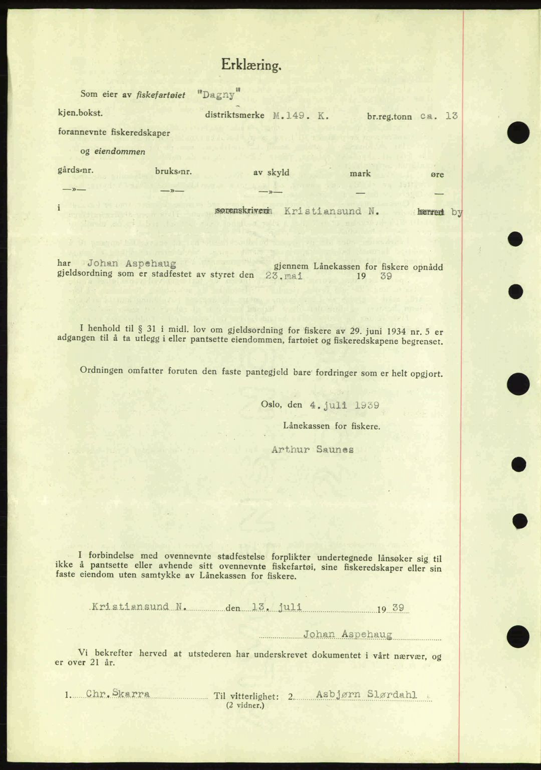 Kristiansund byfogd, AV/SAT-A-4587/A/27: Pantebok nr. 31, 1938-1939, Dagboknr: 579/1939