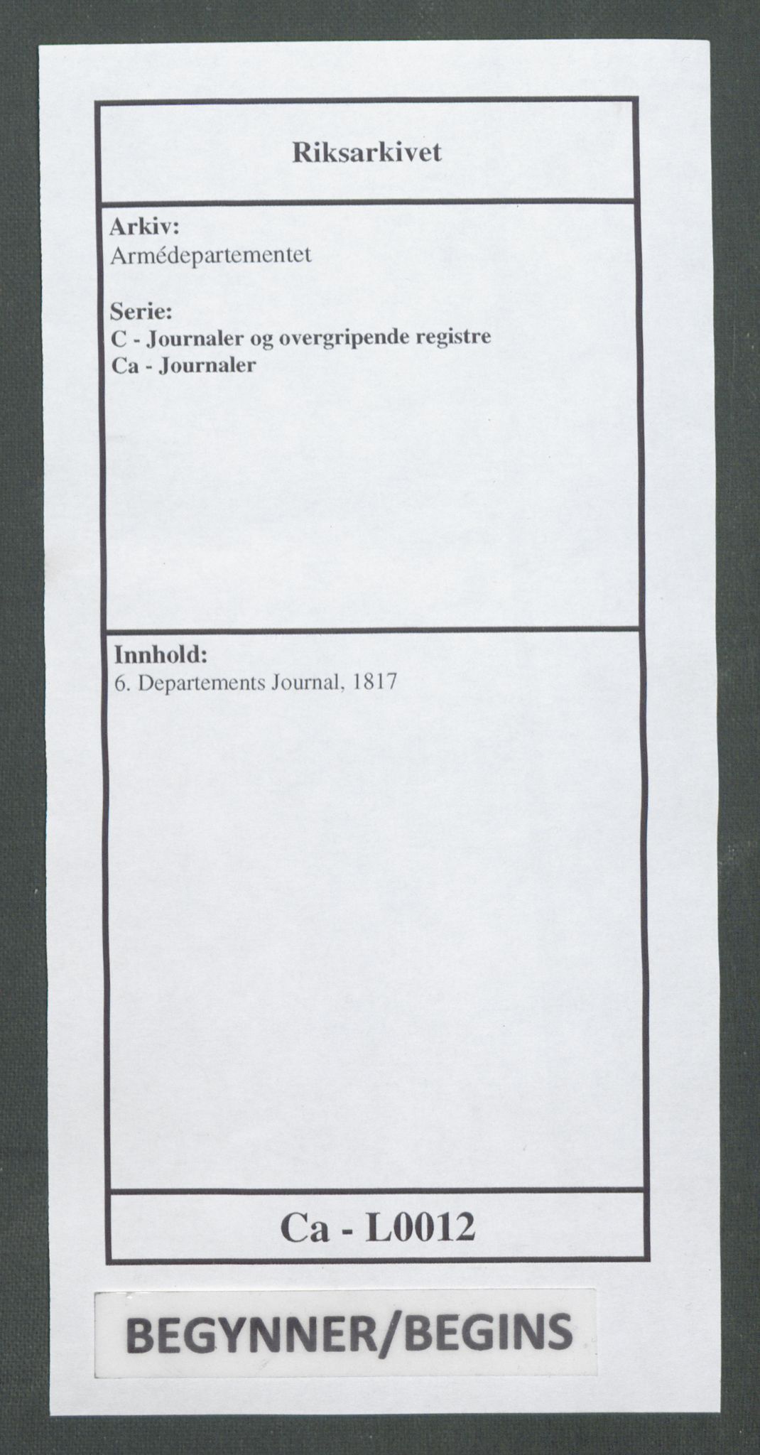 Armédepartementet, RA/RAFA-3493/C/Ca/L0012: 6. Departements Journal, 1817