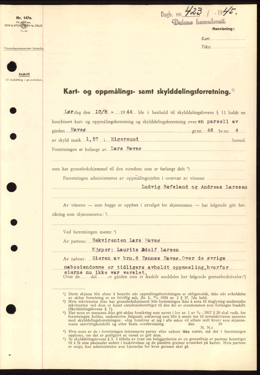 Dalane sorenskriveri, SAST/A-100309/02/G/Gb/L0047: Pantebok nr. A8 I, 1944-1945, Dagboknr: 423/1945