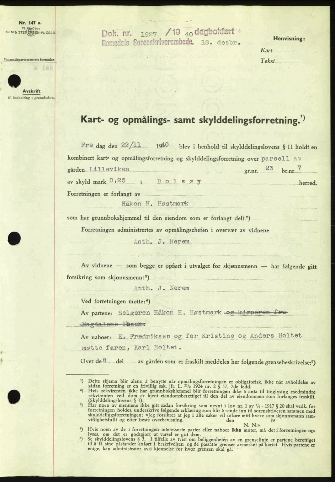 Romsdal sorenskriveri, SAT/A-4149/1/2/2C: Pantebok nr. A9, 1940-1941, Dagboknr: 1927/1940