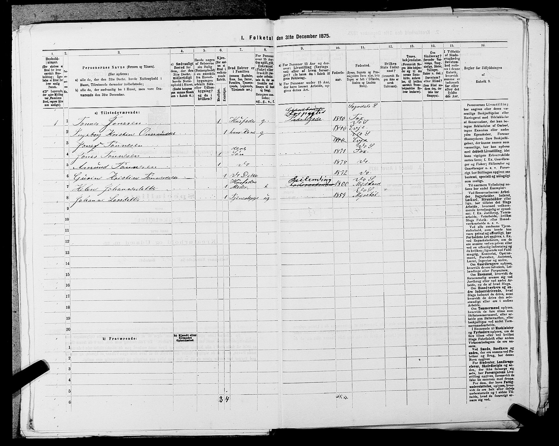 SAST, Folketelling 1875 for 1111L Sokndal prestegjeld, Sokndal landsokn, 1875, s. 179