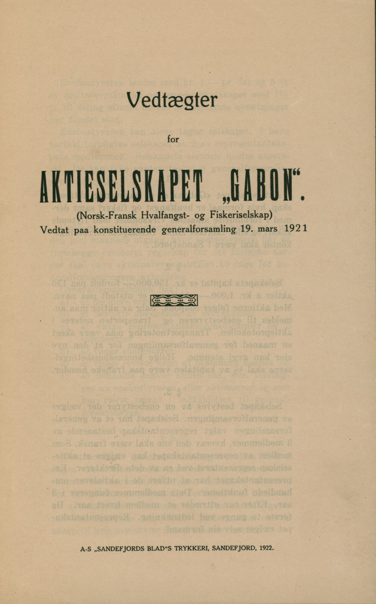 AS Gabon, VEMU/ARS-A-1328/A/L0002: Aksjeinnbydelse, vedtekter, avvikling, 1921-1932