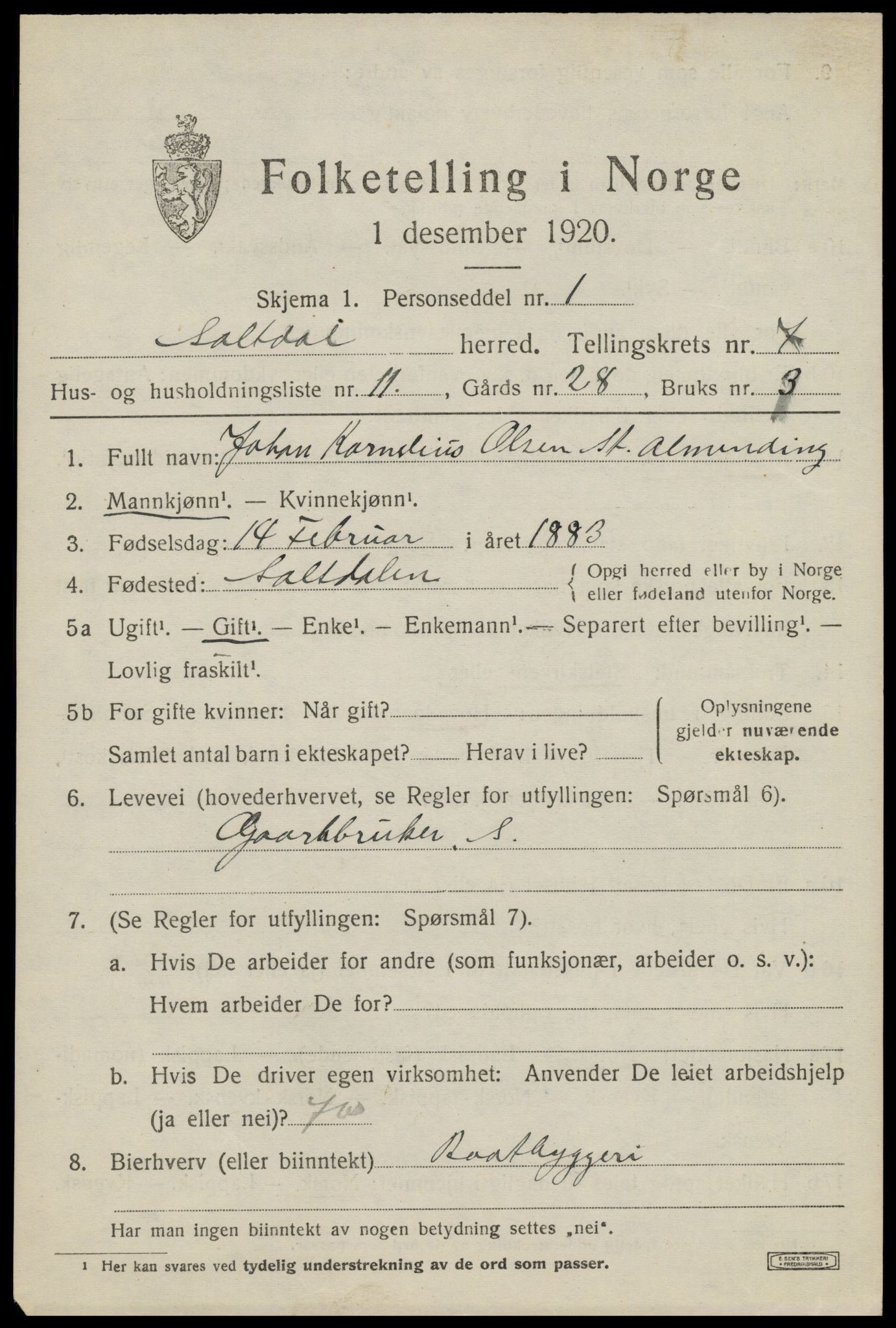 SAT, Folketelling 1920 for 1840 Saltdal herred, 1920, s. 7925