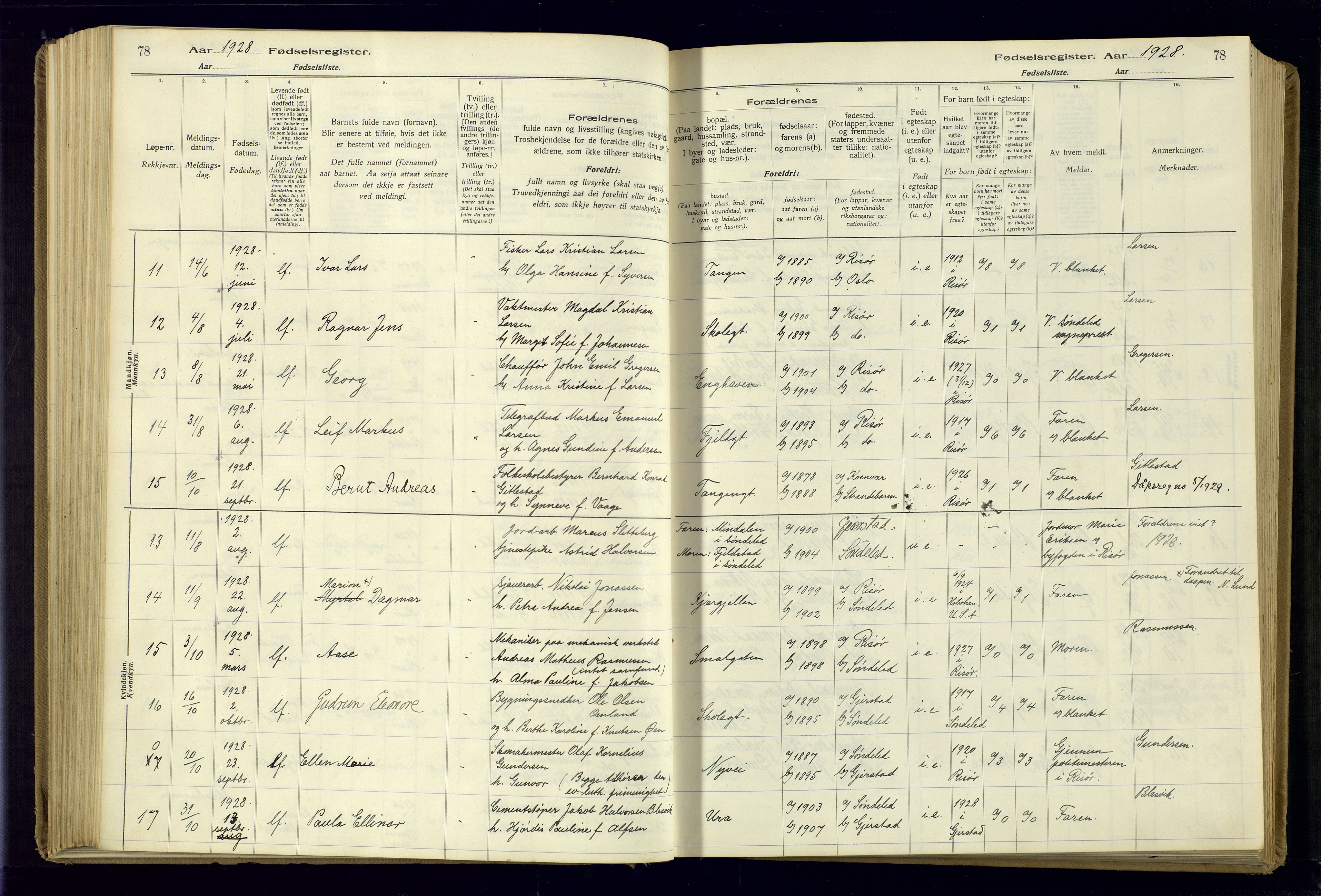 Risør sokneprestkontor, AV/SAK-1111-0035/J/Ja/L0001: Fødselsregister nr. A-VI-13, 1916-1947, s. 78