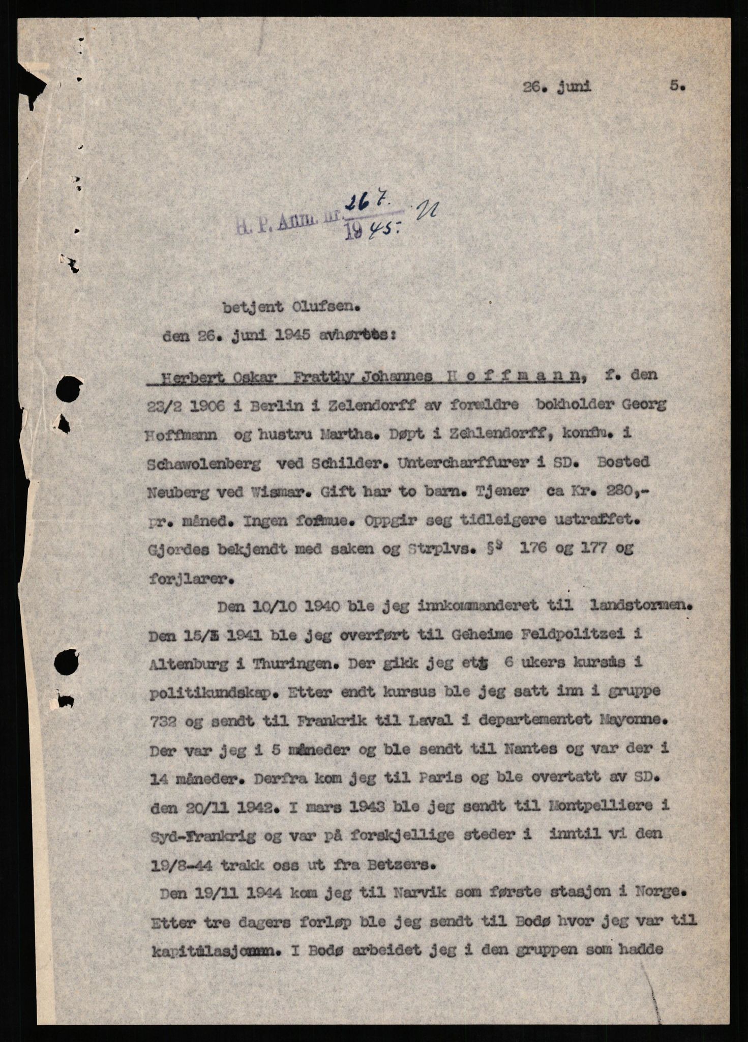 Forsvaret, Forsvarets overkommando II, AV/RA-RAFA-3915/D/Db/L0013: CI Questionaires. Tyske okkupasjonsstyrker i Norge. Tyskere., 1945-1946, s. 361