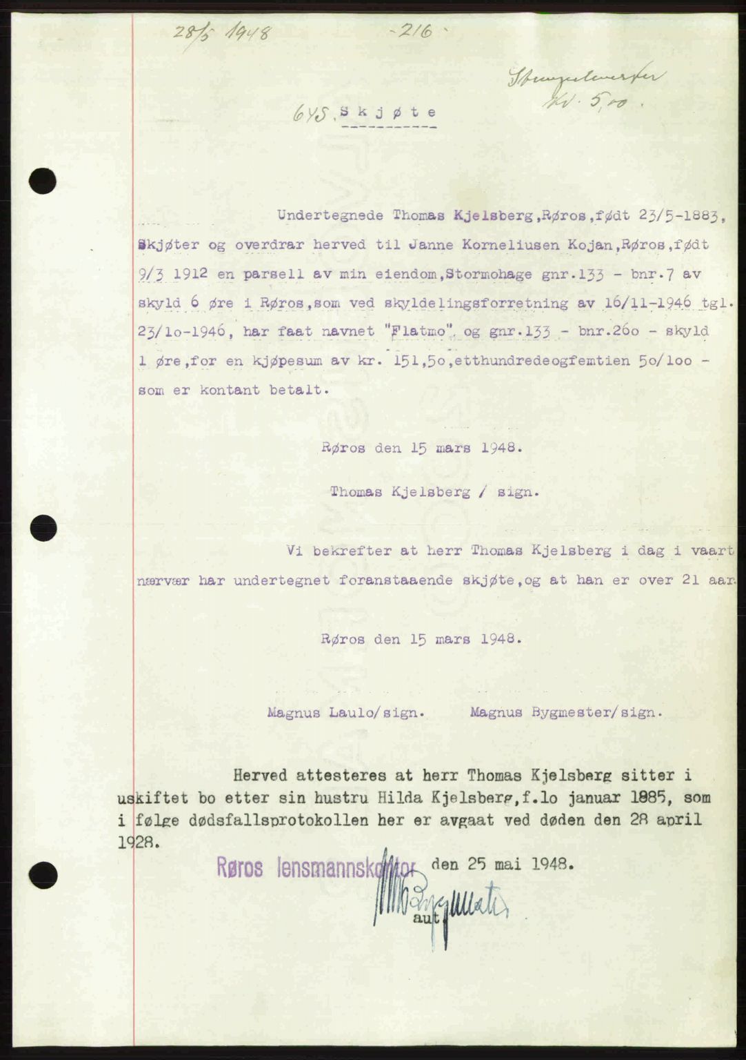 Gauldal sorenskriveri, SAT/A-0014/1/2/2C: Pantebok nr. A5, 1947-1948, Dagboknr: 645/1948