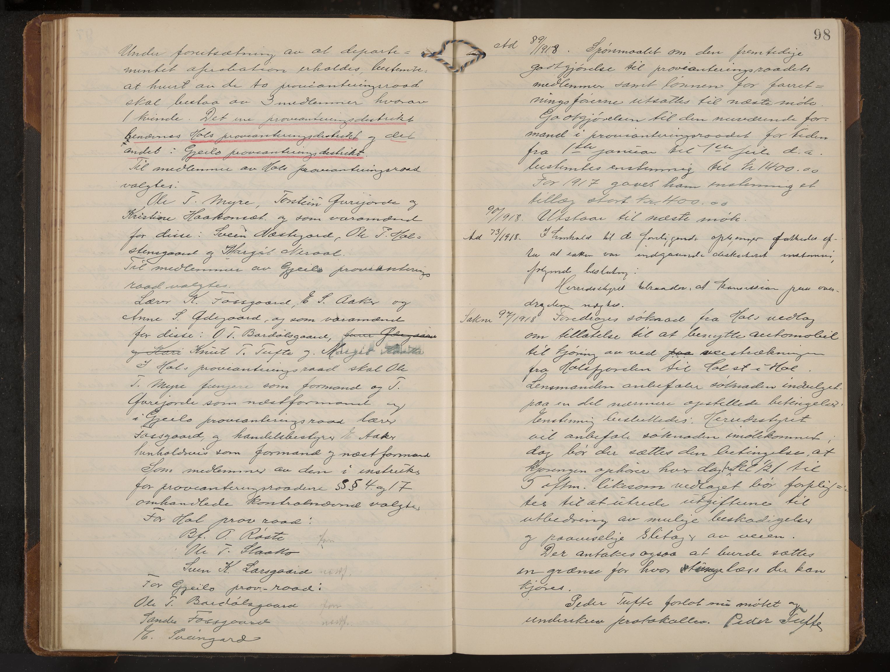 Hol formannskap og sentraladministrasjon, IKAK/0620021-1/A/L0006: Møtebok, 1916-1922, s. 98