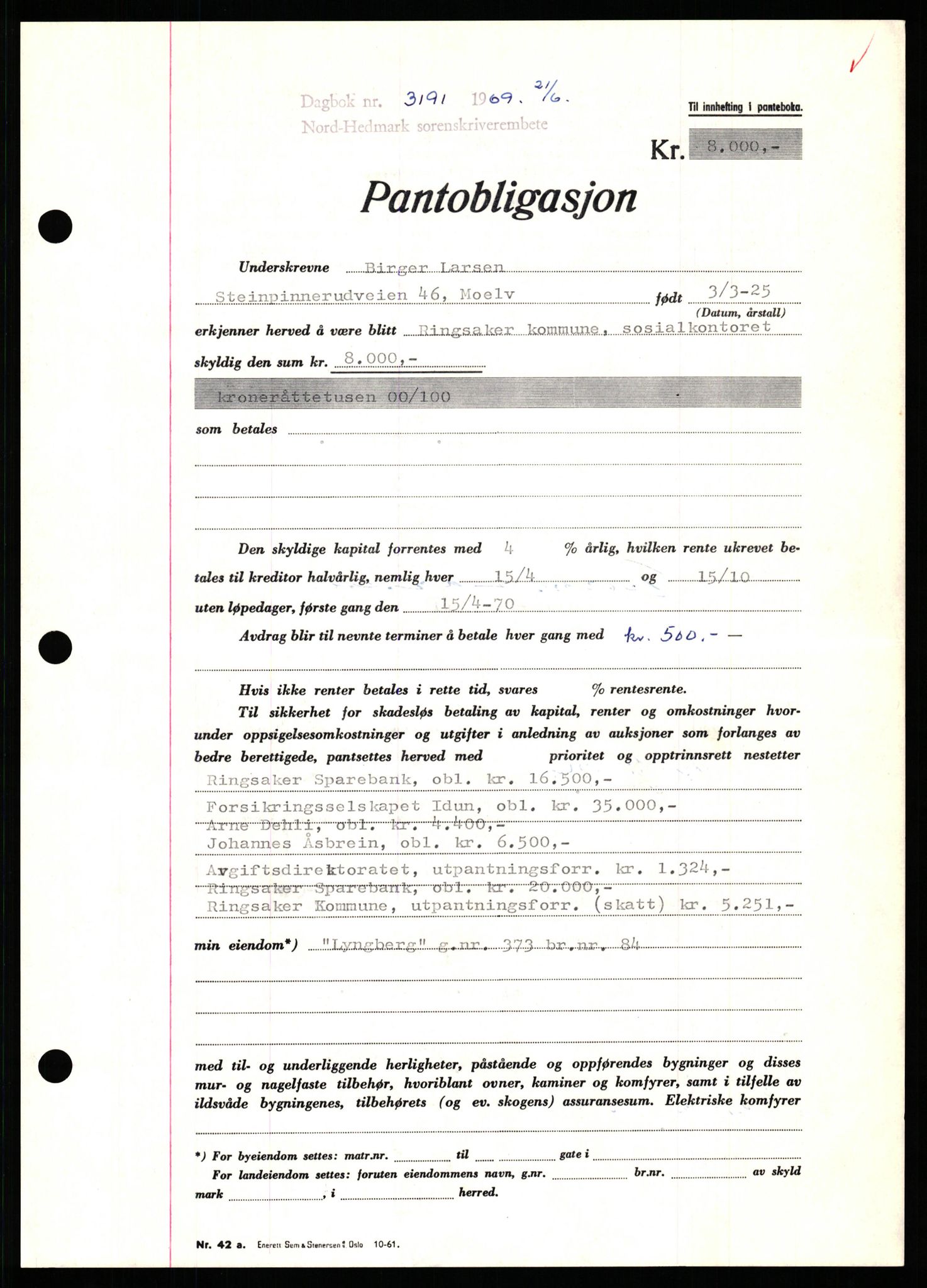 Nord-Hedmark sorenskriveri, SAH/TING-012/H/Hb/Hbf/L0080: Pantebok nr. B80, 1969-1969, Dagboknr: 3191/1969