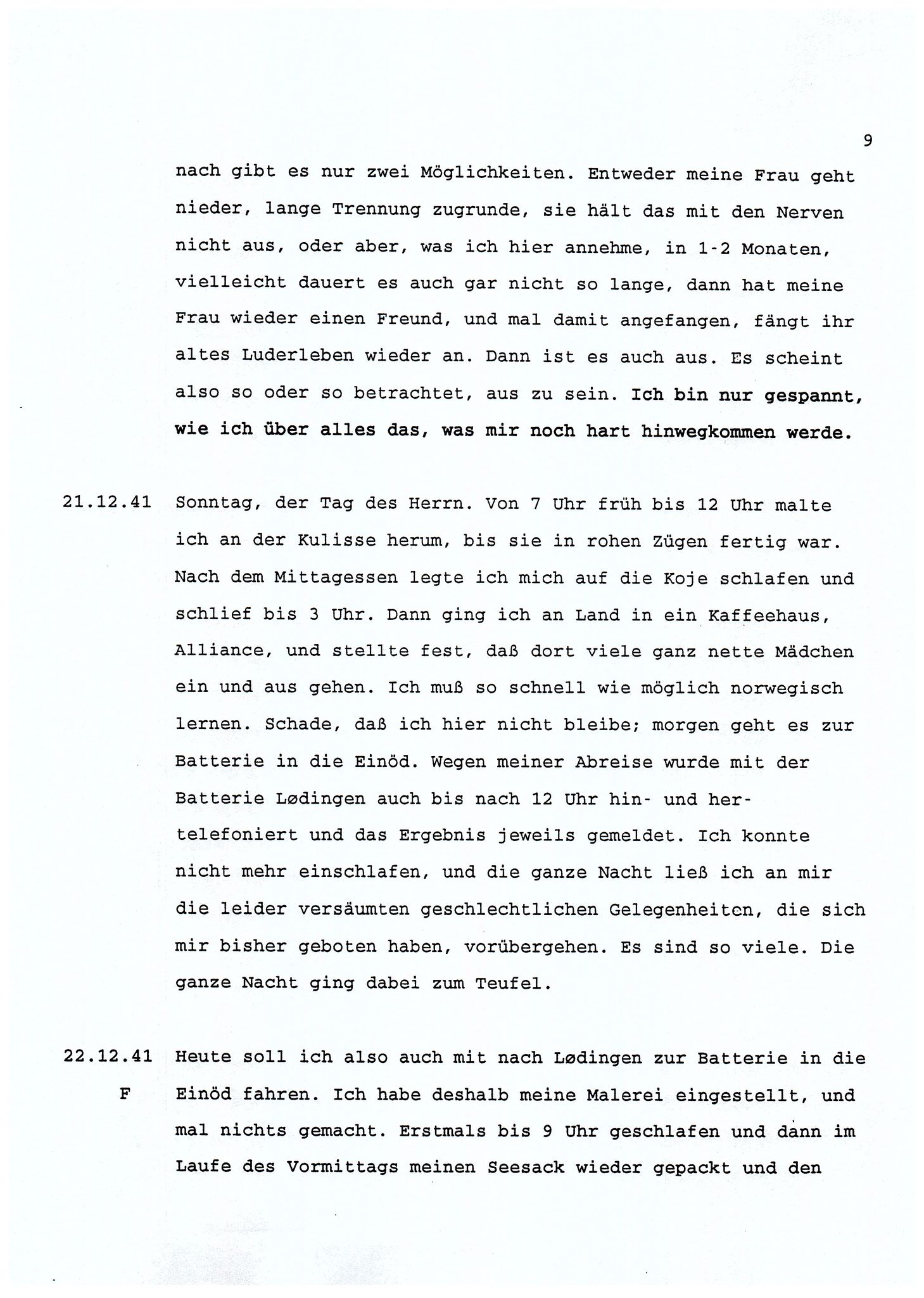 Dagbokopptegnelser av en tysk marineoffiser stasjonert i Norge , FMFB/A-1160/F/L0001: Dagbokopptegnelser av en tysk marineoffiser stasjonert i Norge, 1941-1944, s. 9