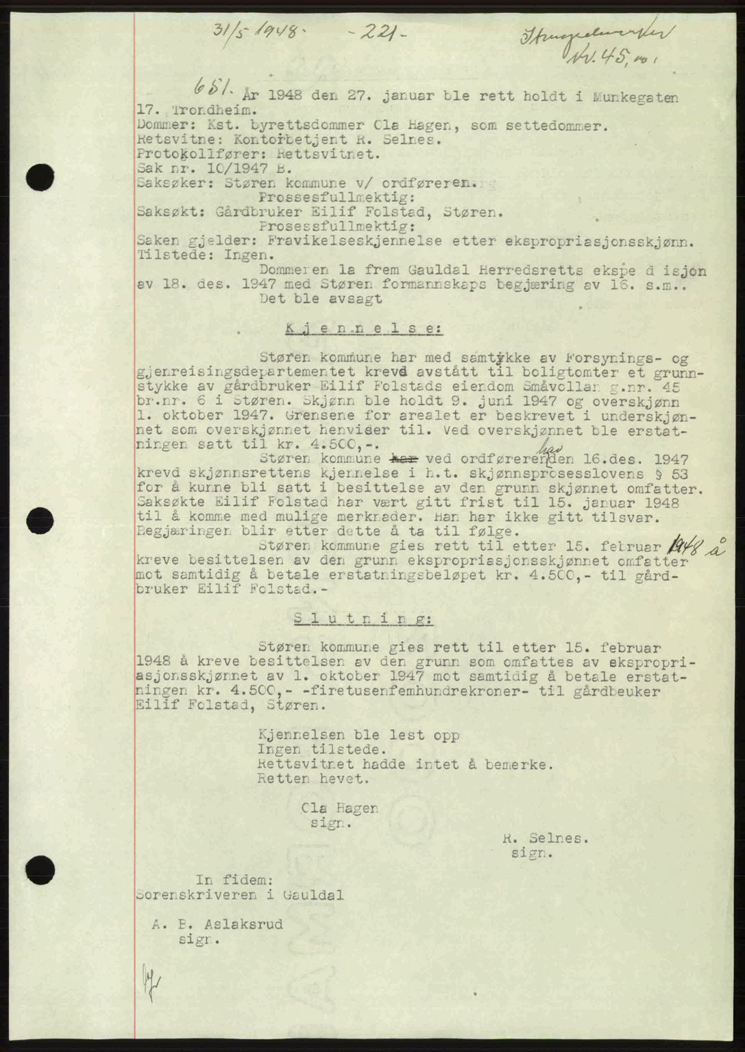 Gauldal sorenskriveri, SAT/A-0014/1/2/2C: Pantebok nr. A5, 1947-1948, Dagboknr: 651/1948