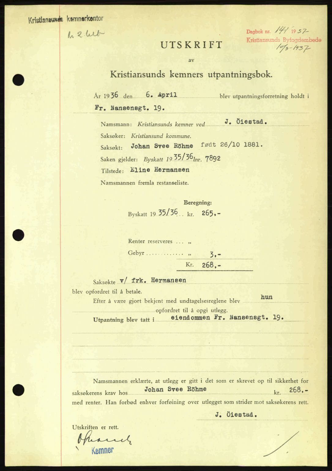 Kristiansund byfogd, SAT/A-4587/A/27: Pantebok nr. 29, 1936-1937, Dagboknr: 141/1937