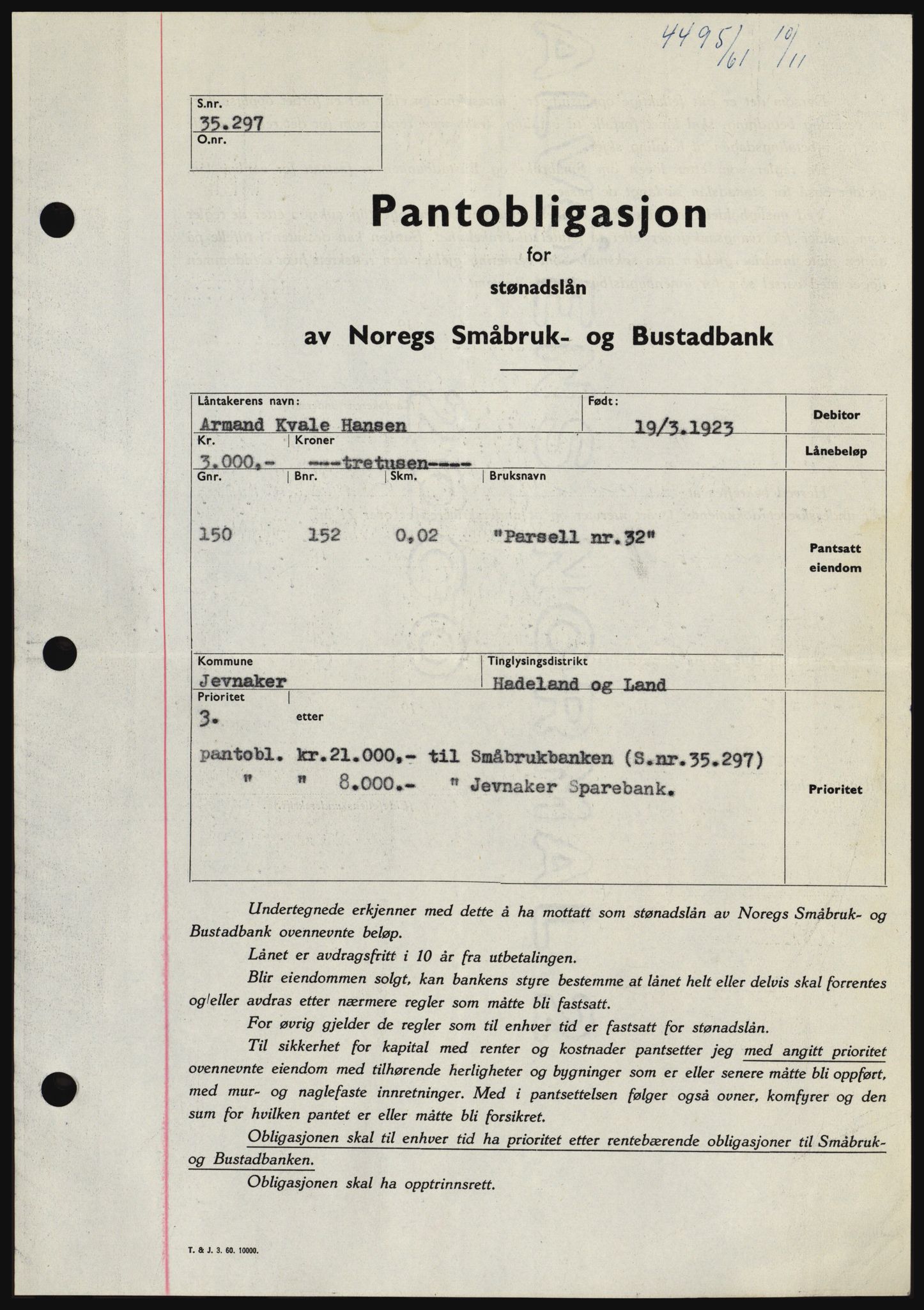 Hadeland og Land tingrett, SAH/TING-010/H/Hb/Hbc/L0047: Pantebok nr. B47, 1961-1962, Dagboknr: 4495/1961