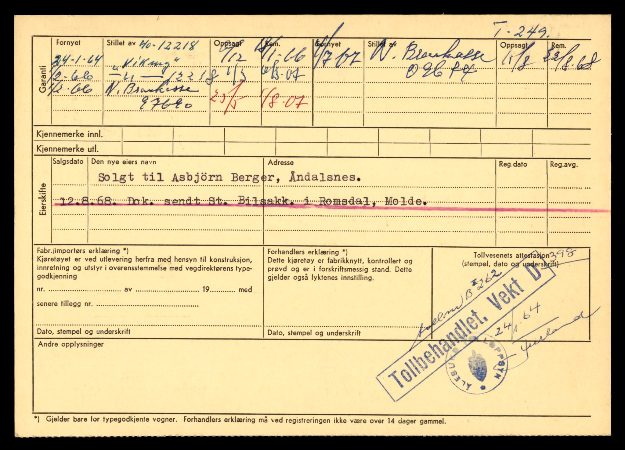 Møre og Romsdal vegkontor - Ålesund trafikkstasjon, AV/SAT-A-4099/F/Fe/L0003: Registreringskort for kjøretøy T 232 - T 340, 1927-1998, s. 485