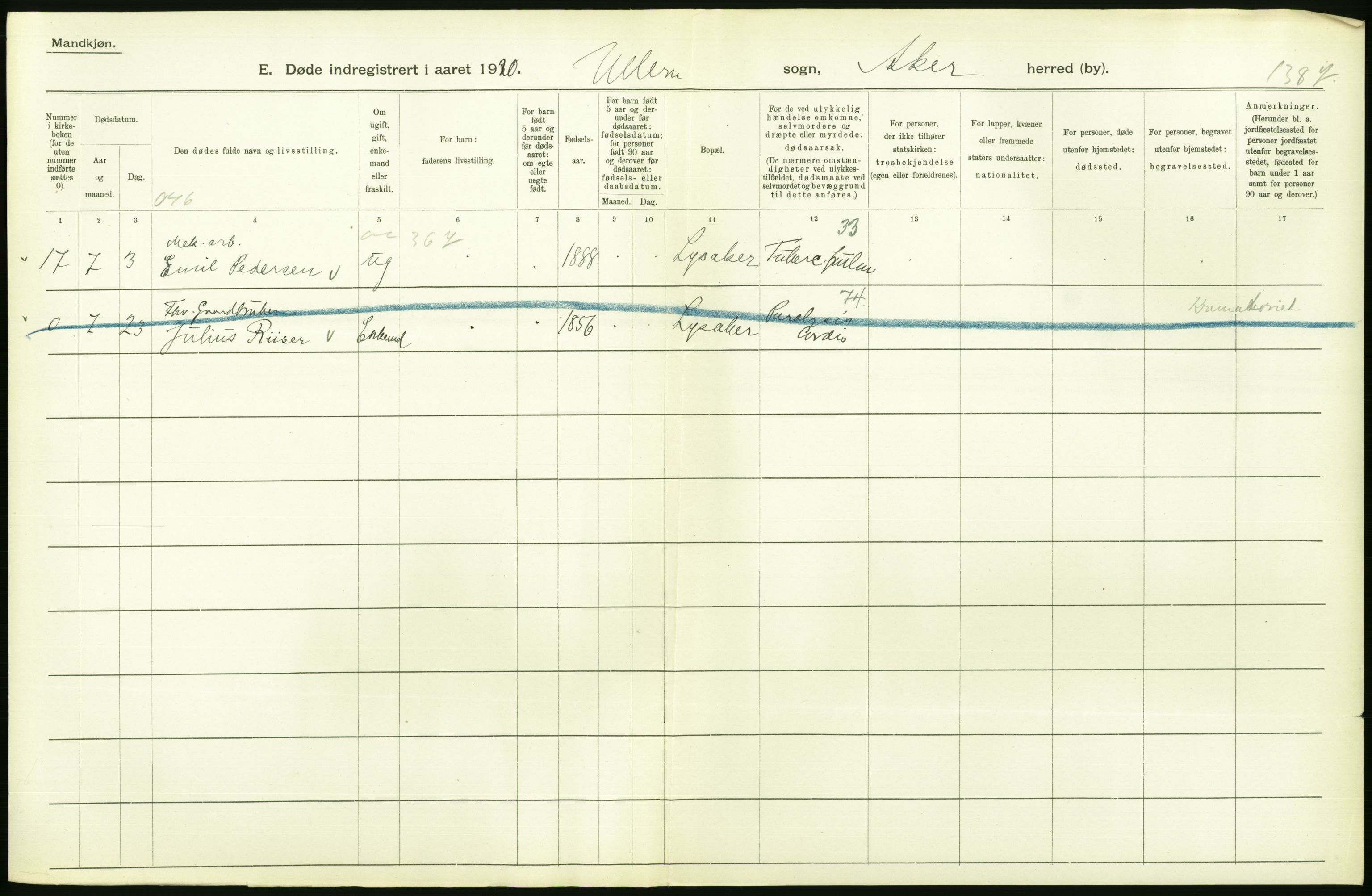 Statistisk sentralbyrå, Sosiodemografiske emner, Befolkning, AV/RA-S-2228/D/Df/Dfb/Dfbj/L0007: Akershus fylke: Døde. Bygder og byer., 1920, s. 42