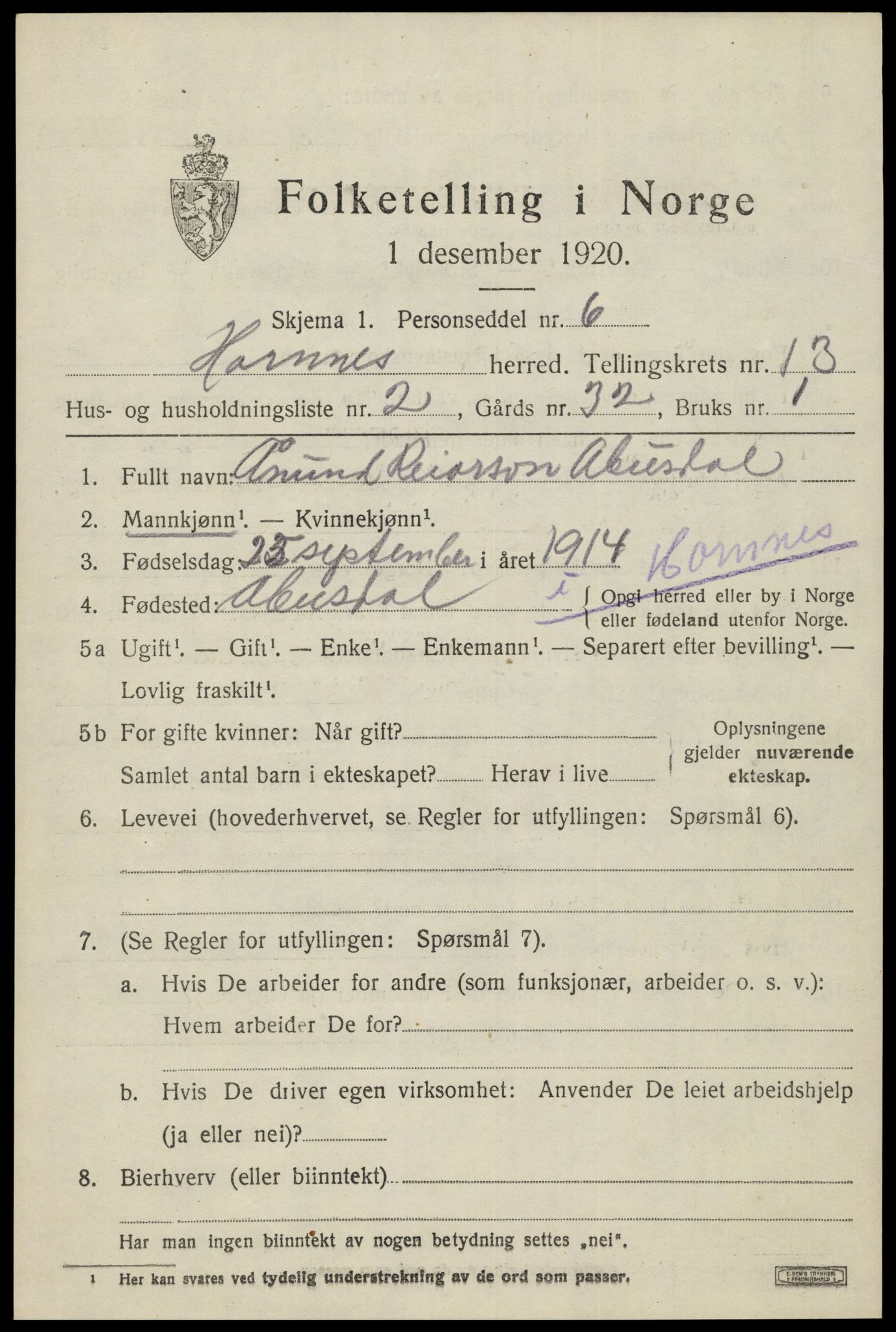 SAK, Folketelling 1920 for 0936 Hornnes herred, 1920, s. 3075
