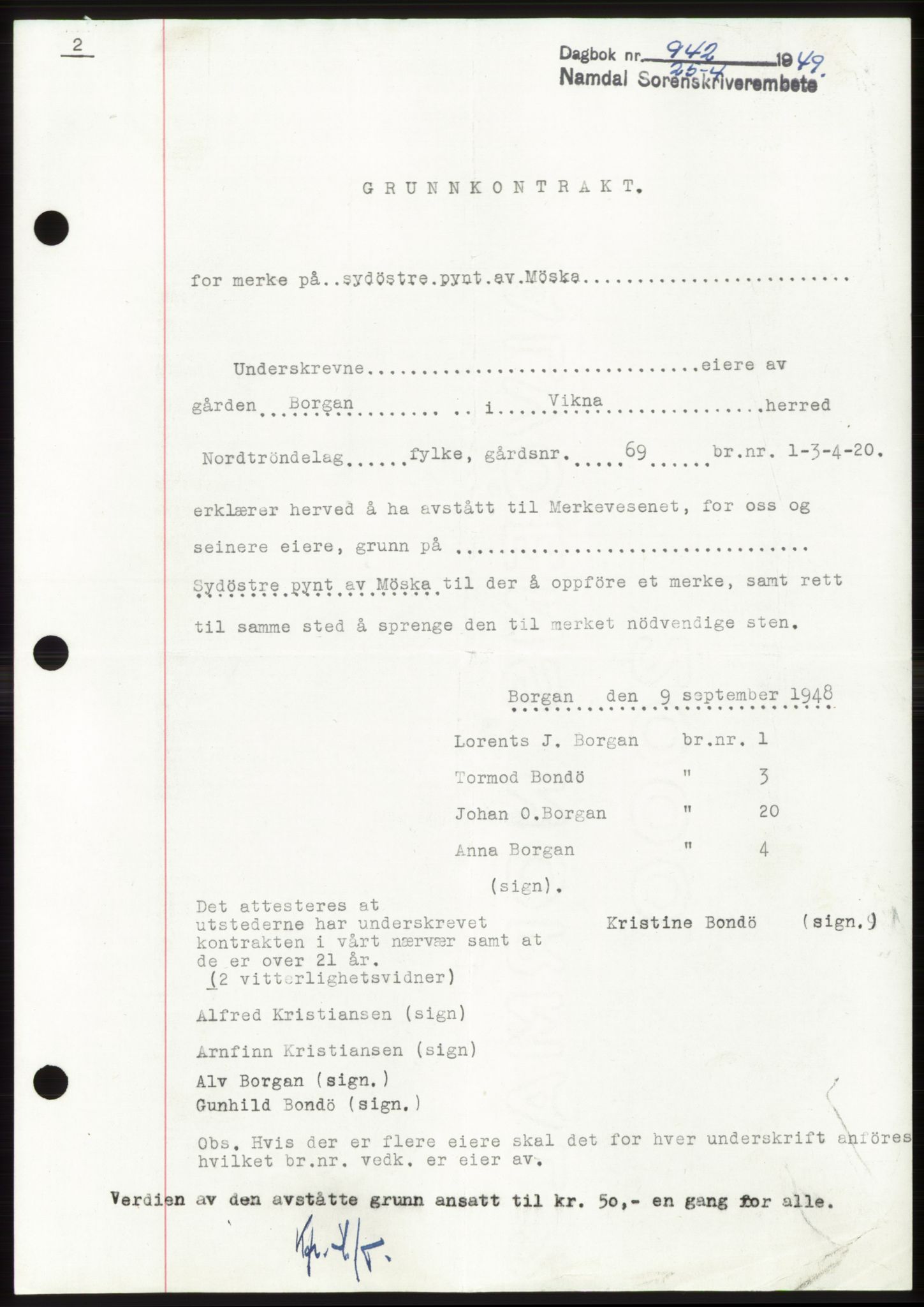 Namdal sorenskriveri, SAT/A-4133/1/2/2C: Pantebok nr. -, 1949-1949, Dagboknr: 942/1949