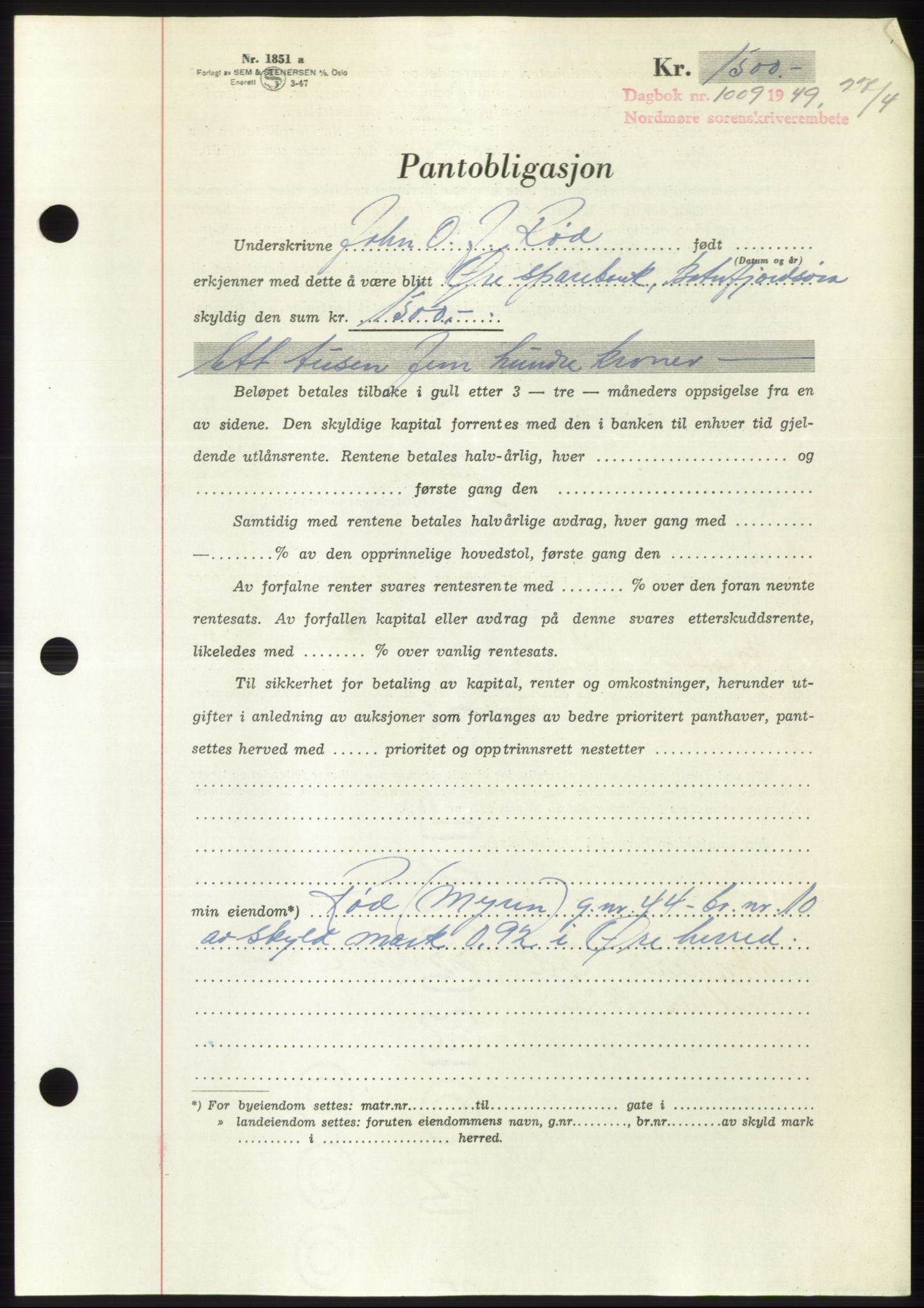 Nordmøre sorenskriveri, SAT/A-4132/1/2/2Ca: Pantebok nr. B101, 1949-1949, Dagboknr: 1009/1949