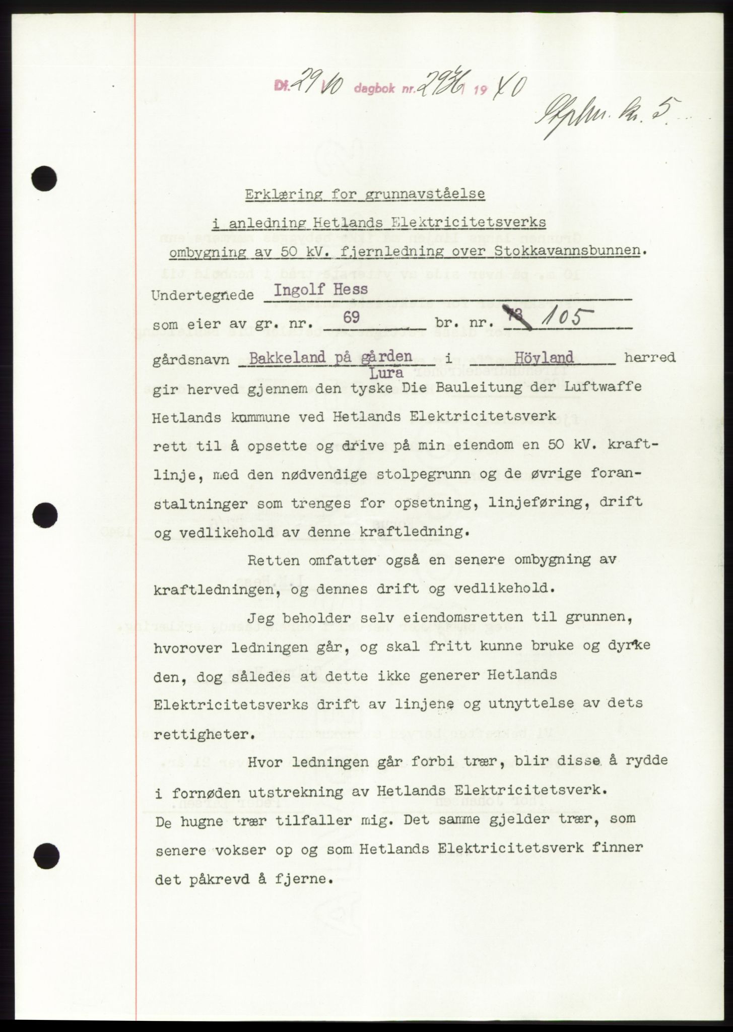 Jæren sorenskriveri, SAST/A-100310/03/G/Gba/L0078: Pantebok, 1940-1940, Dagboknr: 2936/1940