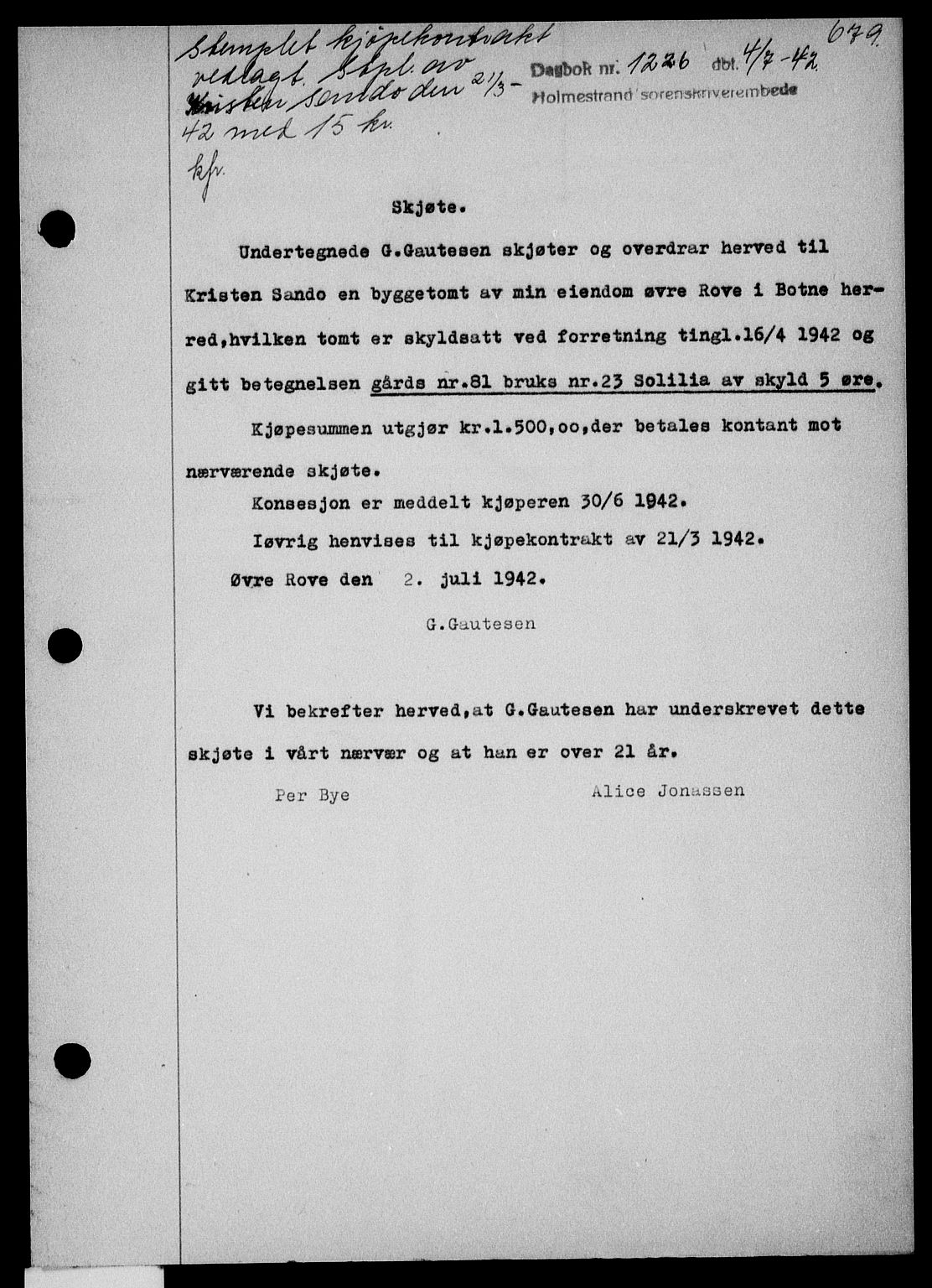 Holmestrand sorenskriveri, SAKO/A-67/G/Ga/Gaa/L0055: Pantebok nr. A-55, 1942-1942, Dagboknr: 1226/1942