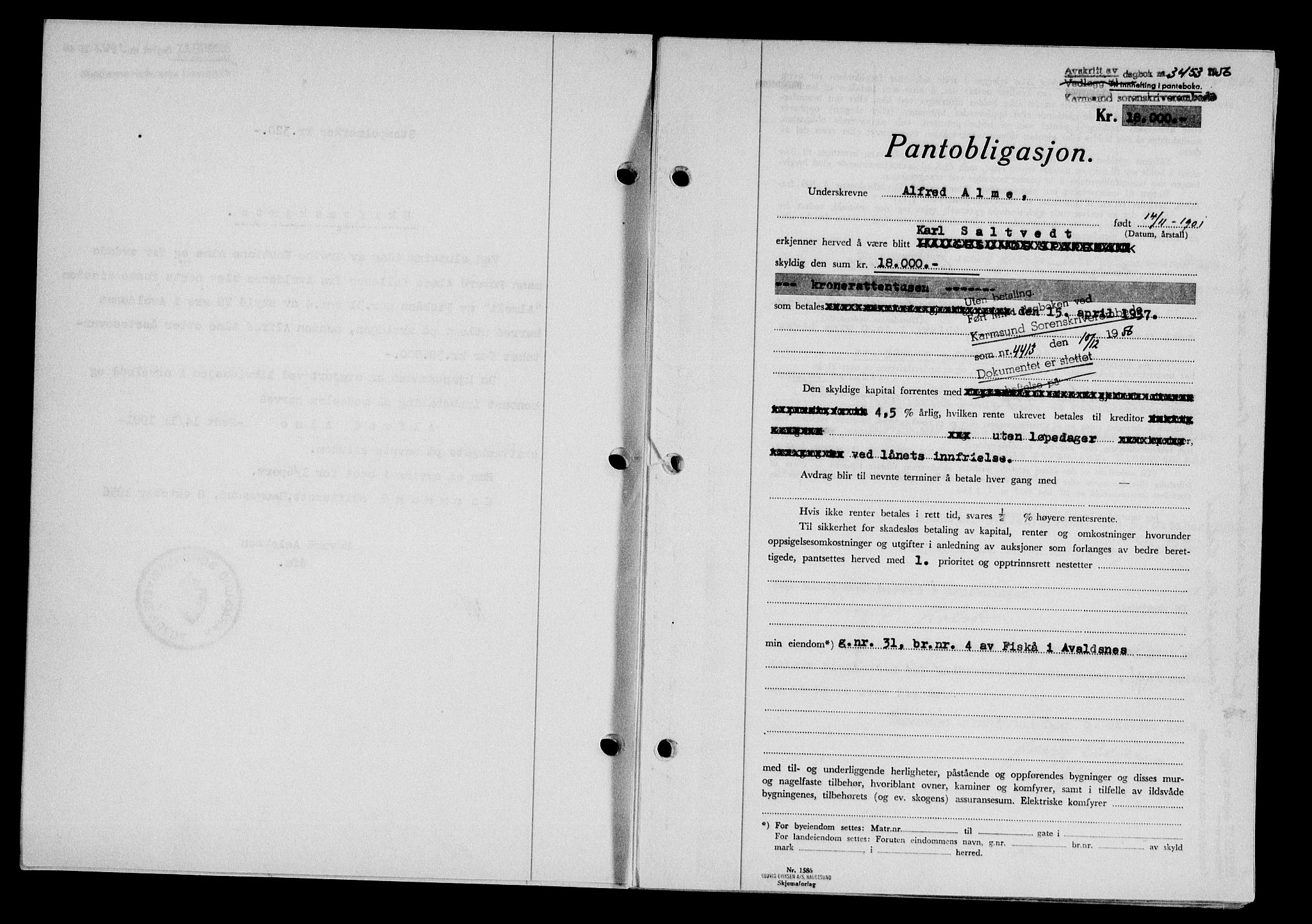 Karmsund sorenskriveri, SAST/A-100311/01/II/IIB/L0121: Pantebok nr. 101A, 1956-1956, Dagboknr: 3453/1956