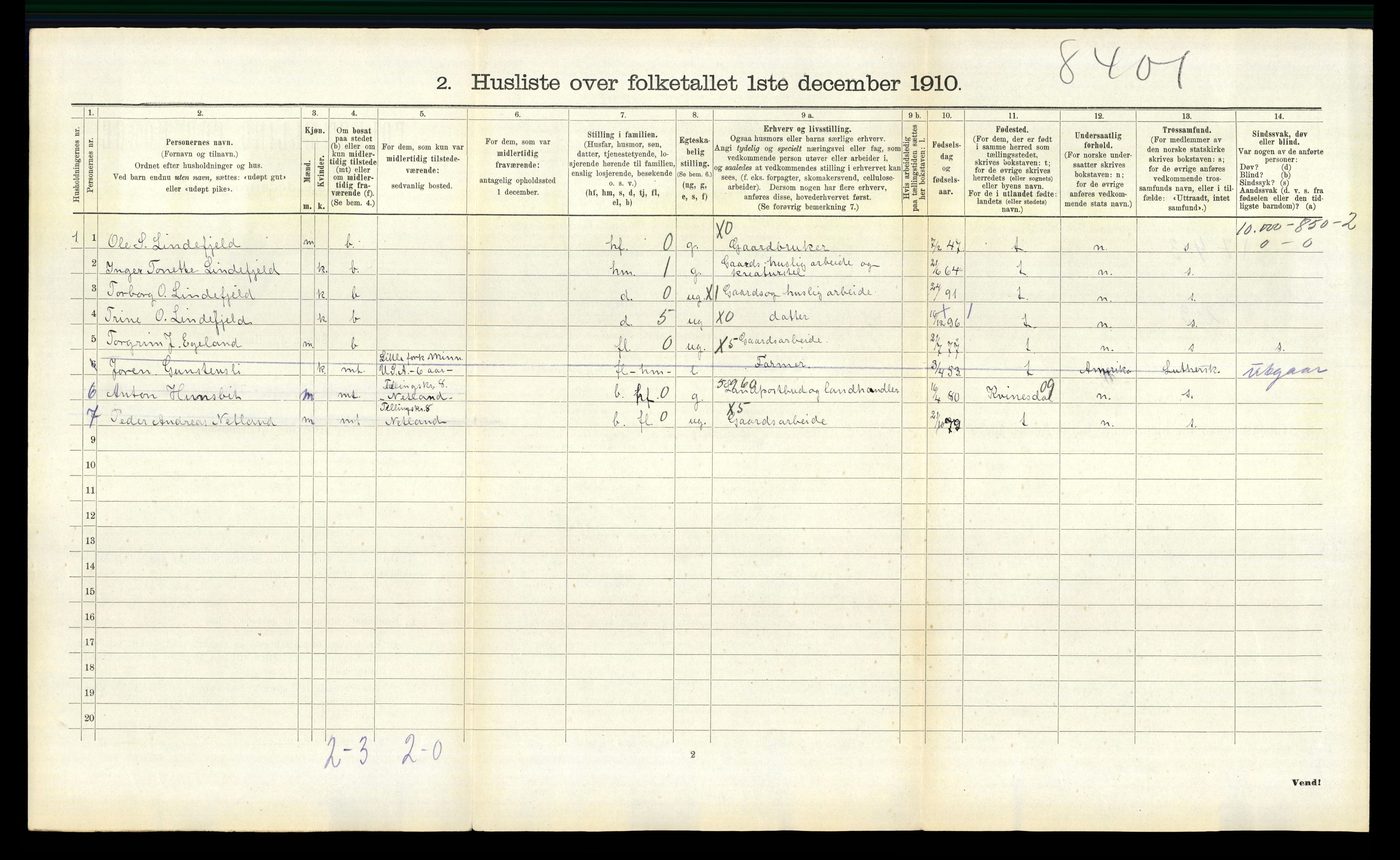 RA, Folketelling 1910 for 1036 Fjotland herred, 1910, s. 319