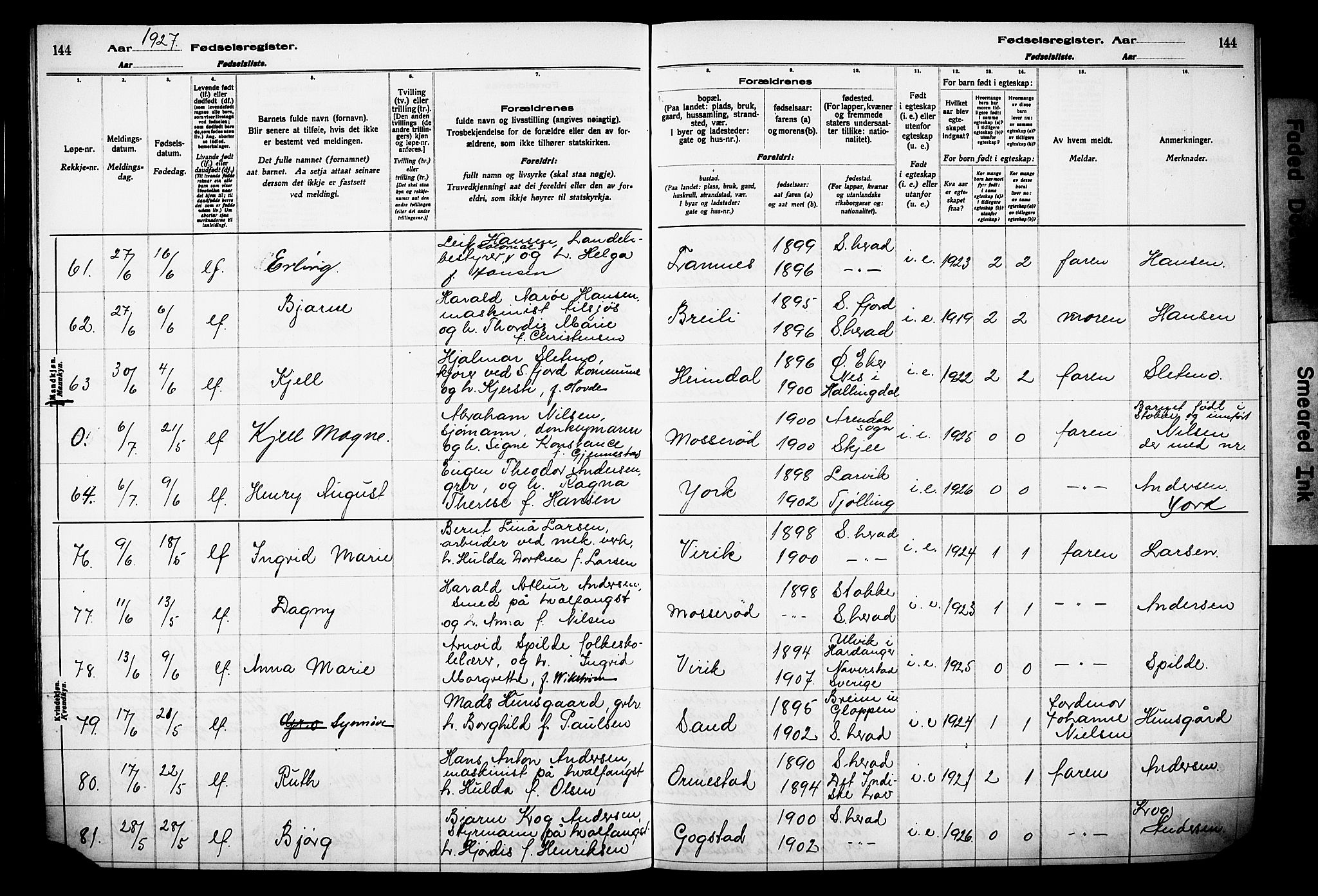 Sandar kirkebøker, AV/SAKO-A-243/J/Ja/L0002: Fødselsregister nr. 2, 1922-1929, s. 144