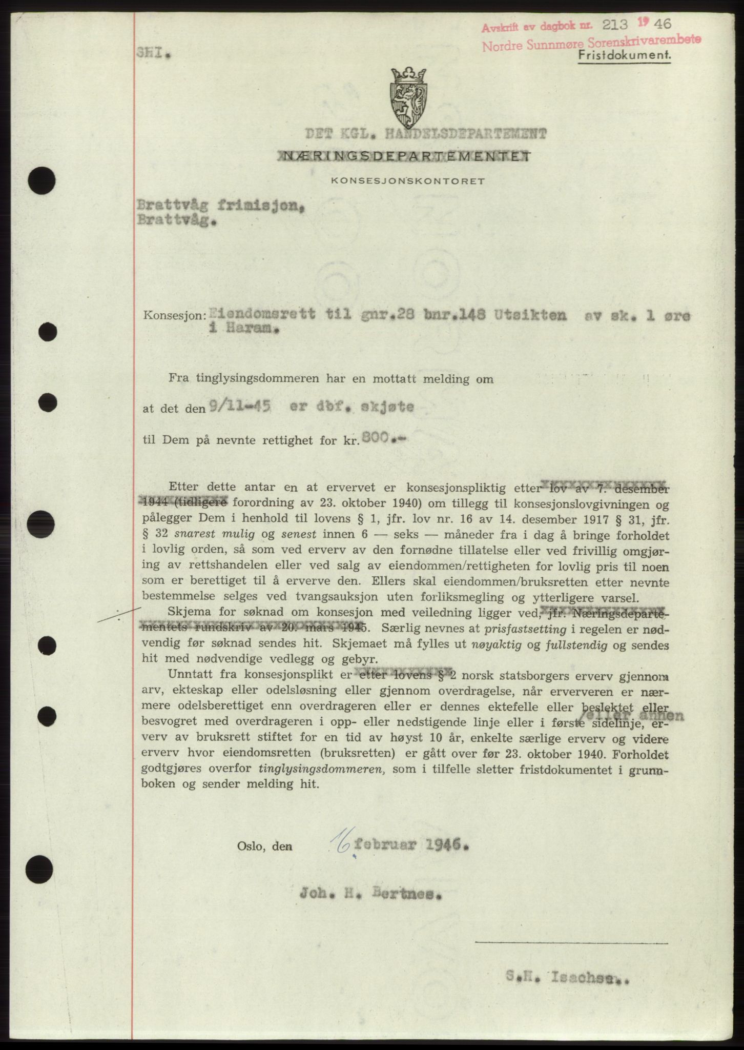 Nordre Sunnmøre sorenskriveri, SAT/A-0006/1/2/2C/2Ca: Pantebok nr. B6-14 b, 1946-1947, Dagboknr: 213/1946