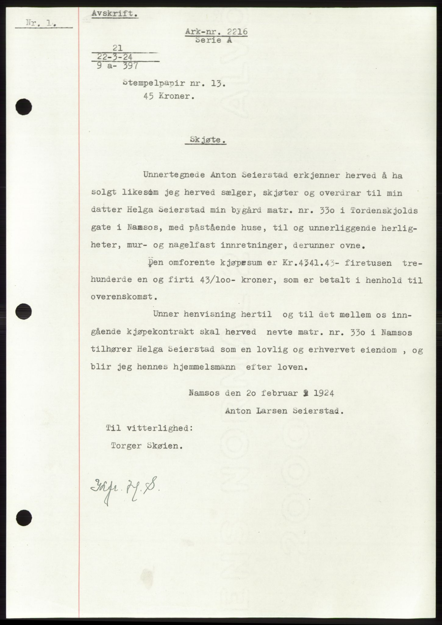 Namdal sorenskriveri, SAT/A-4133/1/2/2C: Pantebok nr. -, 1922-1925, Tingl.dato: 22.03.1924