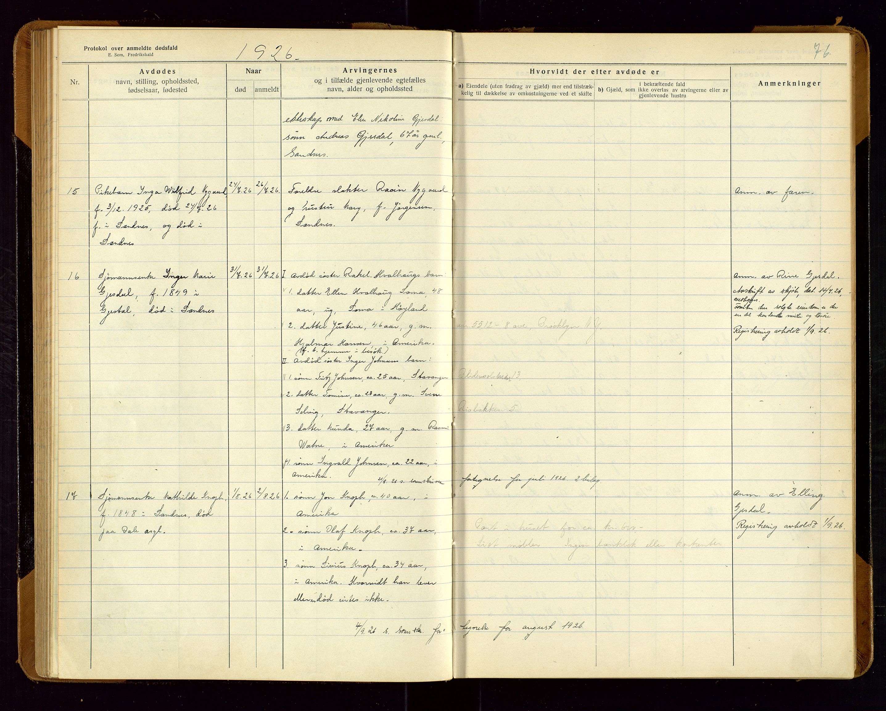 Sandnes lensmannskontor, AV/SAST-A-100167/Gga/L0001: "Protokol over anmeldte dødsfald" m/register, 1918-1940, s. 76