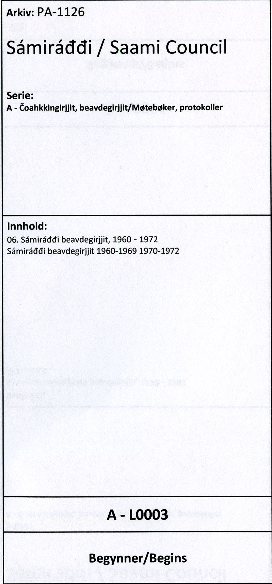 Sámiráđđi / Saami Council, SAMI/PA-1126/A/L0003: 06. Sámiráđđi beavdegirjjit, 1960-1972