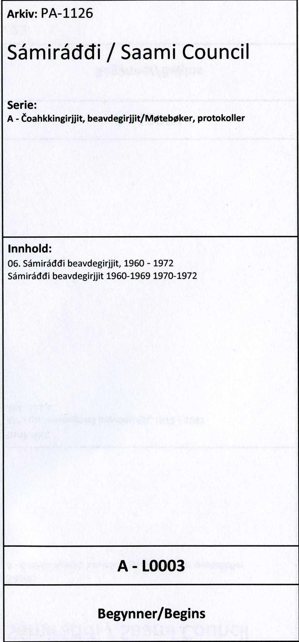 Sámiráđđi / Saami Council, AV/SAMI-PA-1126/A/L0003: 06. Sámiráđđi beavdegirjjit, 1960-1972