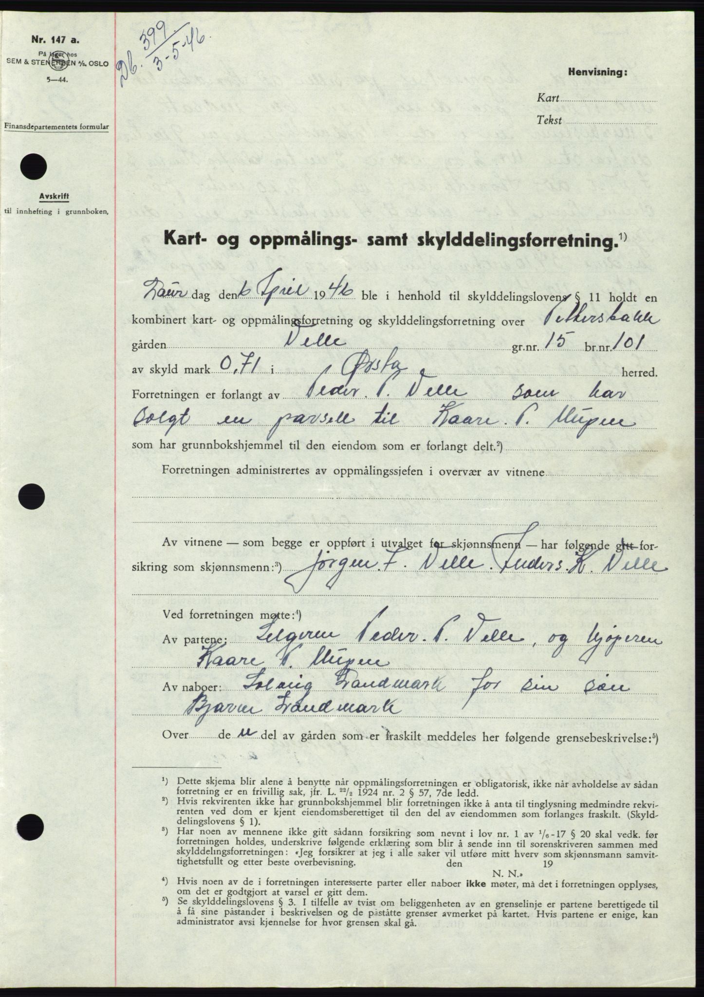 Søre Sunnmøre sorenskriveri, AV/SAT-A-4122/1/2/2C/L0078: Pantebok nr. 4A, 1946-1946, Dagboknr: 399/1946