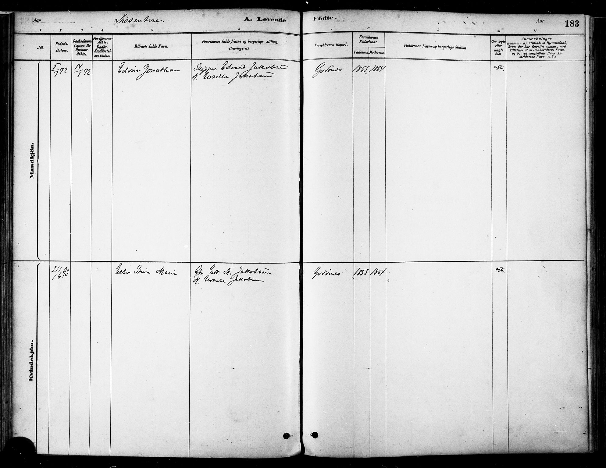 Ministerialprotokoller, klokkerbøker og fødselsregistre - Nordland, AV/SAT-A-1459/802/L0054: Ministerialbok nr. 802A01, 1879-1893, s. 183