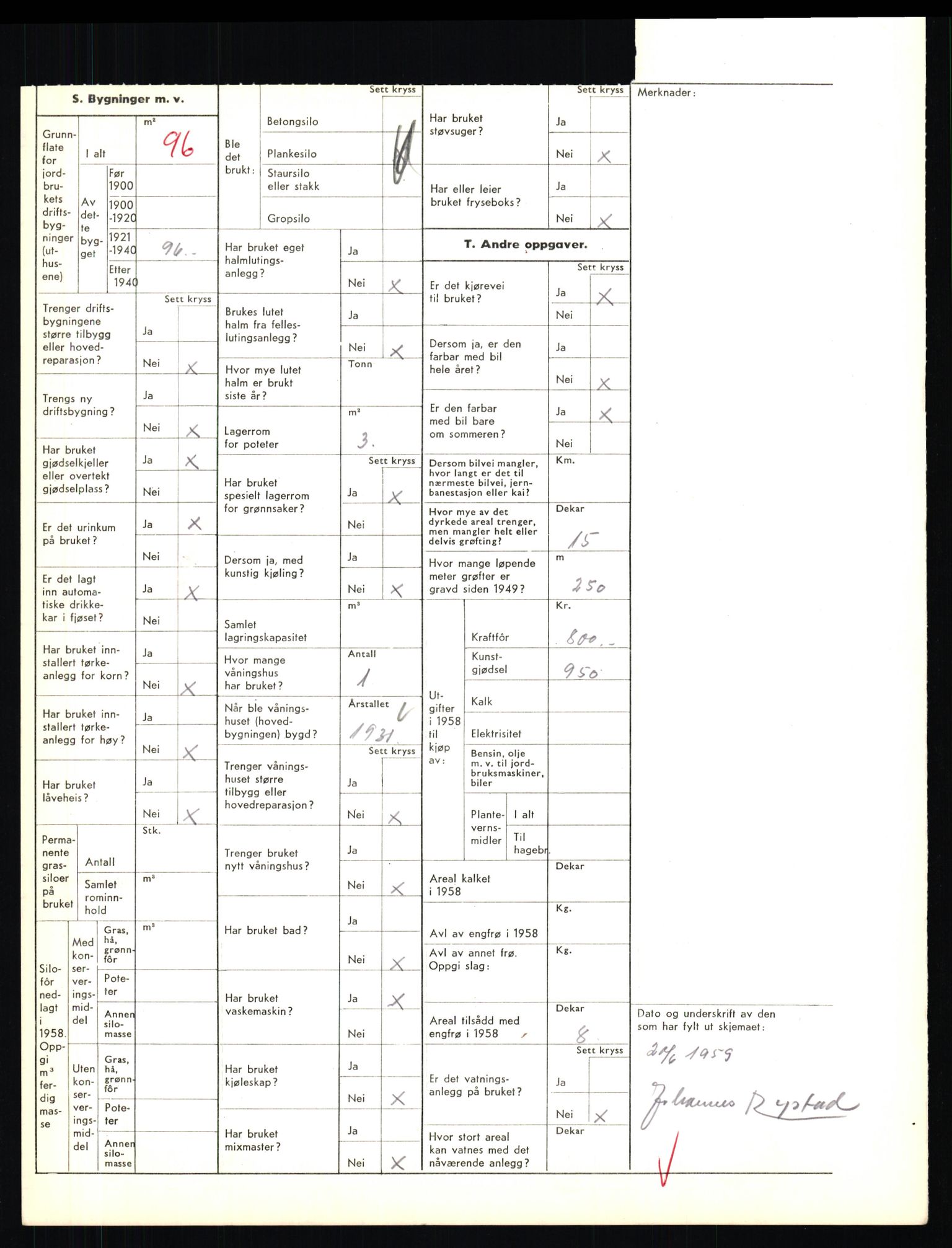 Statistisk sentralbyrå, Næringsøkonomiske emner, Jordbruk, skogbruk, jakt, fiske og fangst, AV/RA-S-2234/G/Gd/L0655: Troms: 1924 Målselv (kl. 4-10), 1959, s. 1477
