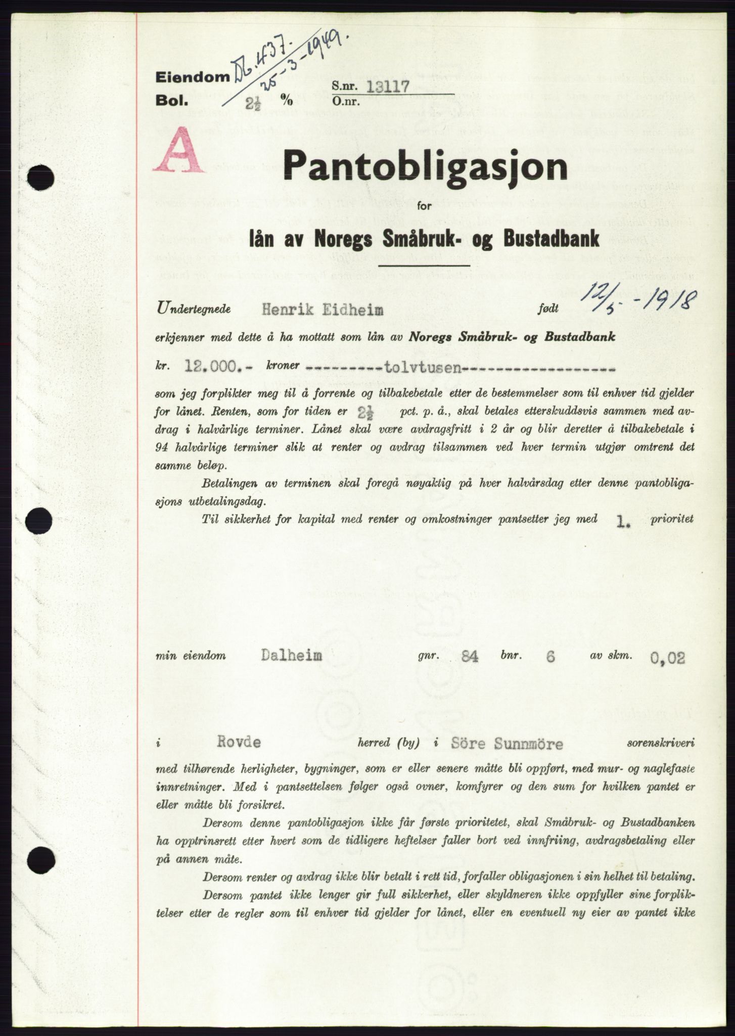 Søre Sunnmøre sorenskriveri, SAT/A-4122/1/2/2C/L0116: Pantebok nr. 4B, 1948-1949, Dagboknr: 437/1949