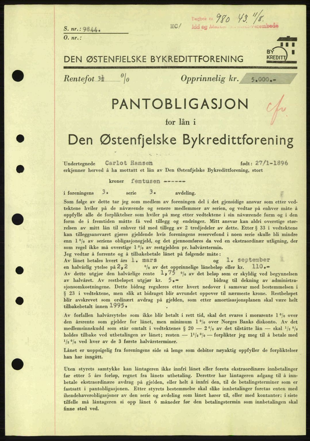 Idd og Marker sorenskriveri, AV/SAO-A-10283/G/Gb/Gbc/L0002: Pantebok nr. B4-9a, 1939-1945, Dagboknr: 980/1943