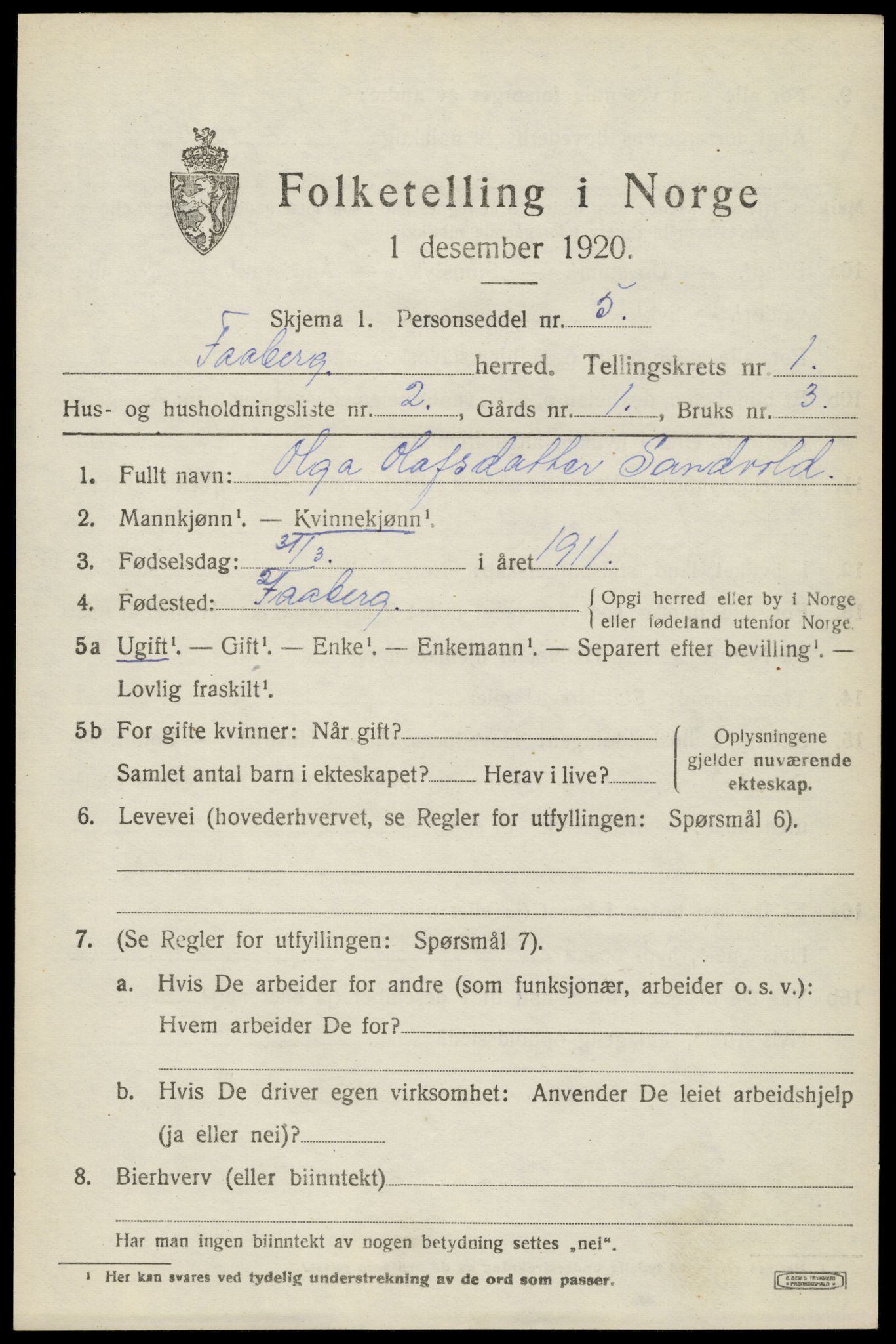 SAH, Folketelling 1920 for 0524 Fåberg herred, 1920, s. 2252