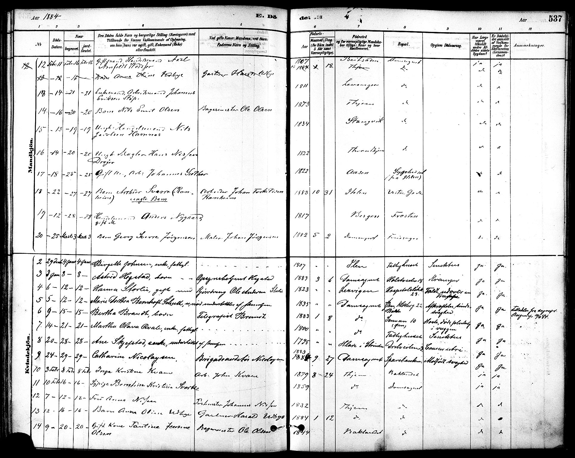 Ministerialprotokoller, klokkerbøker og fødselsregistre - Sør-Trøndelag, AV/SAT-A-1456/601/L0058: Ministerialbok nr. 601A26, 1877-1891, s. 537