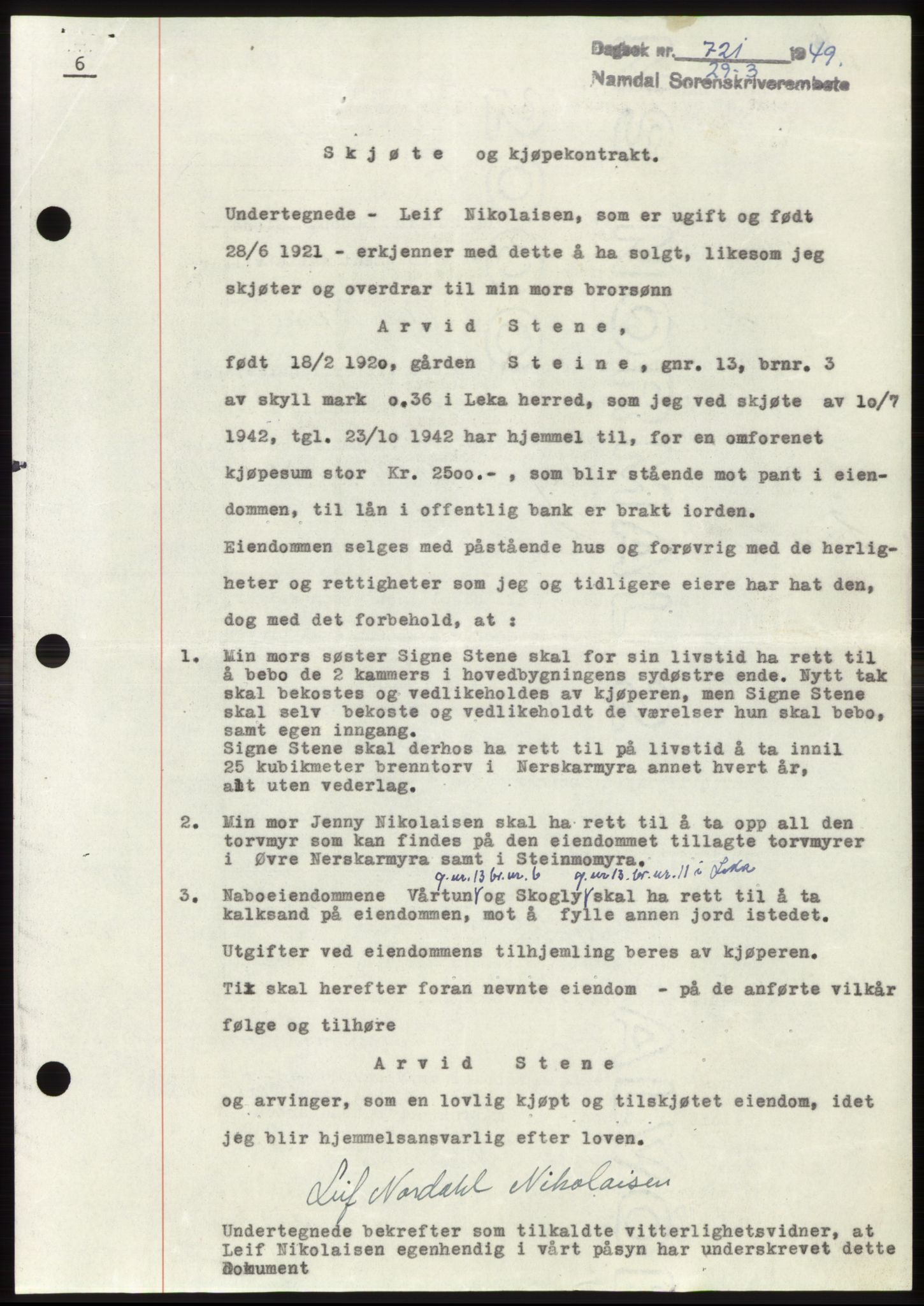 Namdal sorenskriveri, SAT/A-4133/1/2/2C: Pantebok nr. -, 1949-1949, Dagboknr: 721/1949