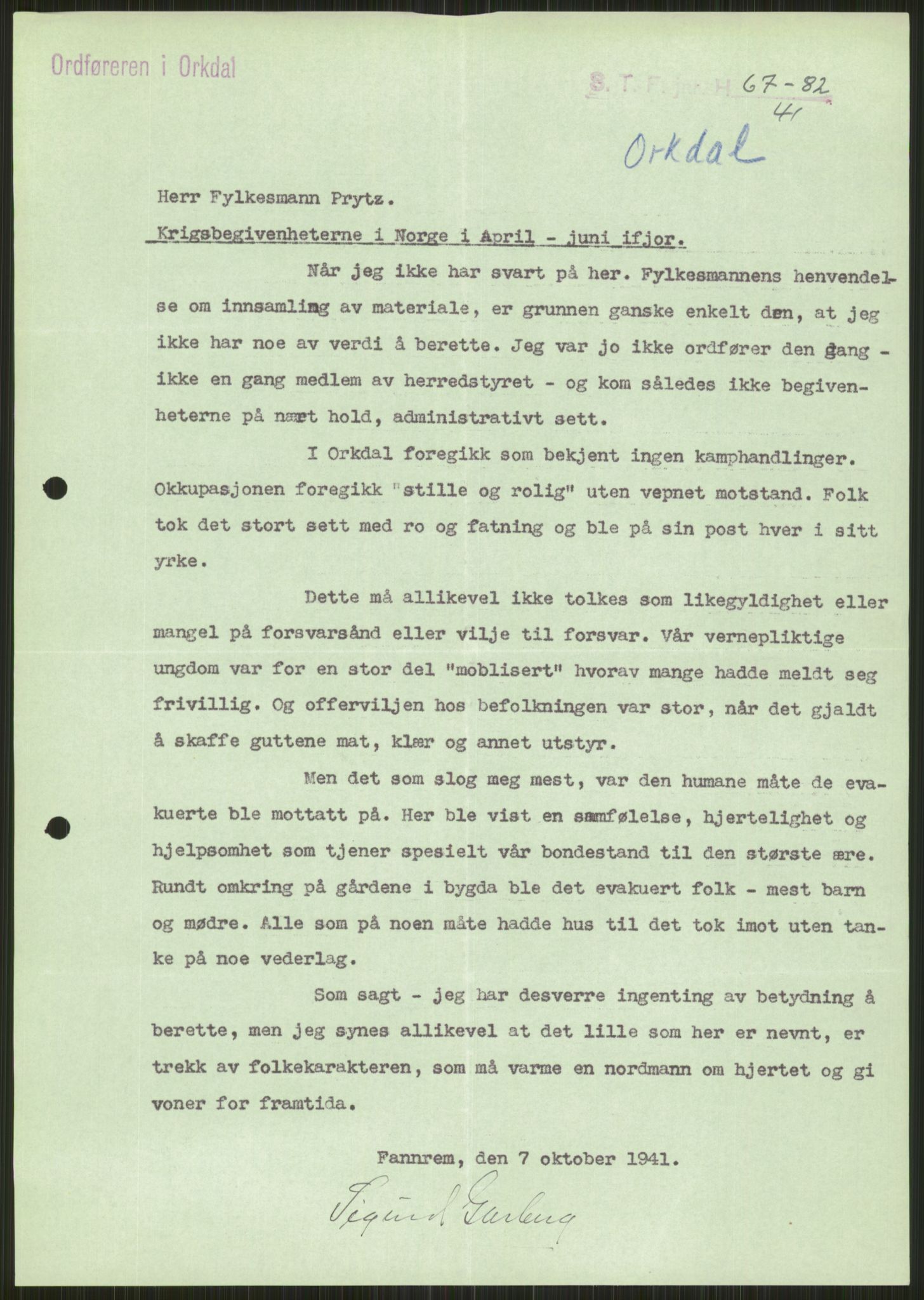 Forsvaret, Forsvarets krigshistoriske avdeling, RA/RAFA-2017/Y/Ya/L0016: II-C-11-31 - Fylkesmenn.  Rapporter om krigsbegivenhetene 1940., 1940, s. 82